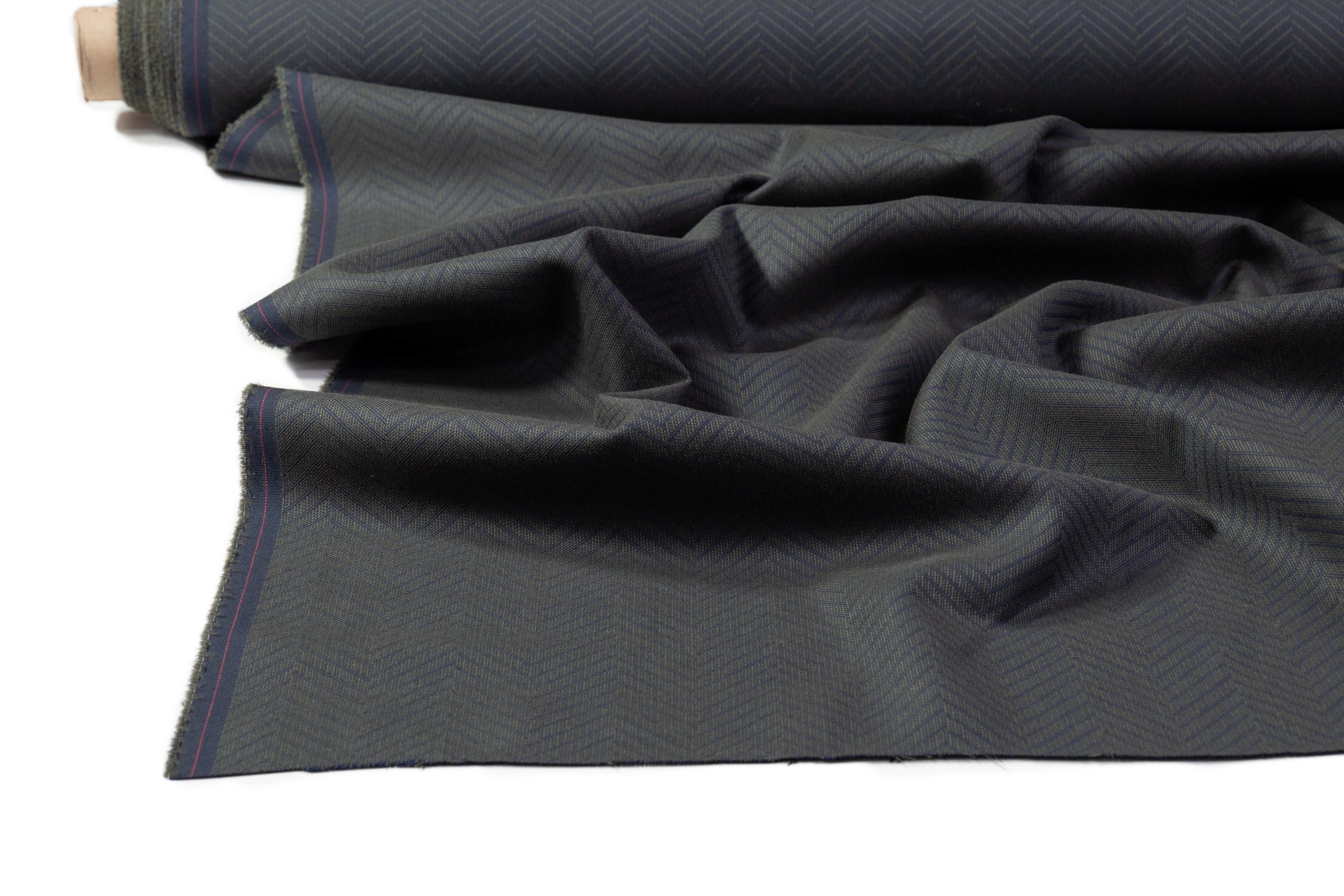 Herringbone Italian Wool Cotton Suiting - Green / Navy