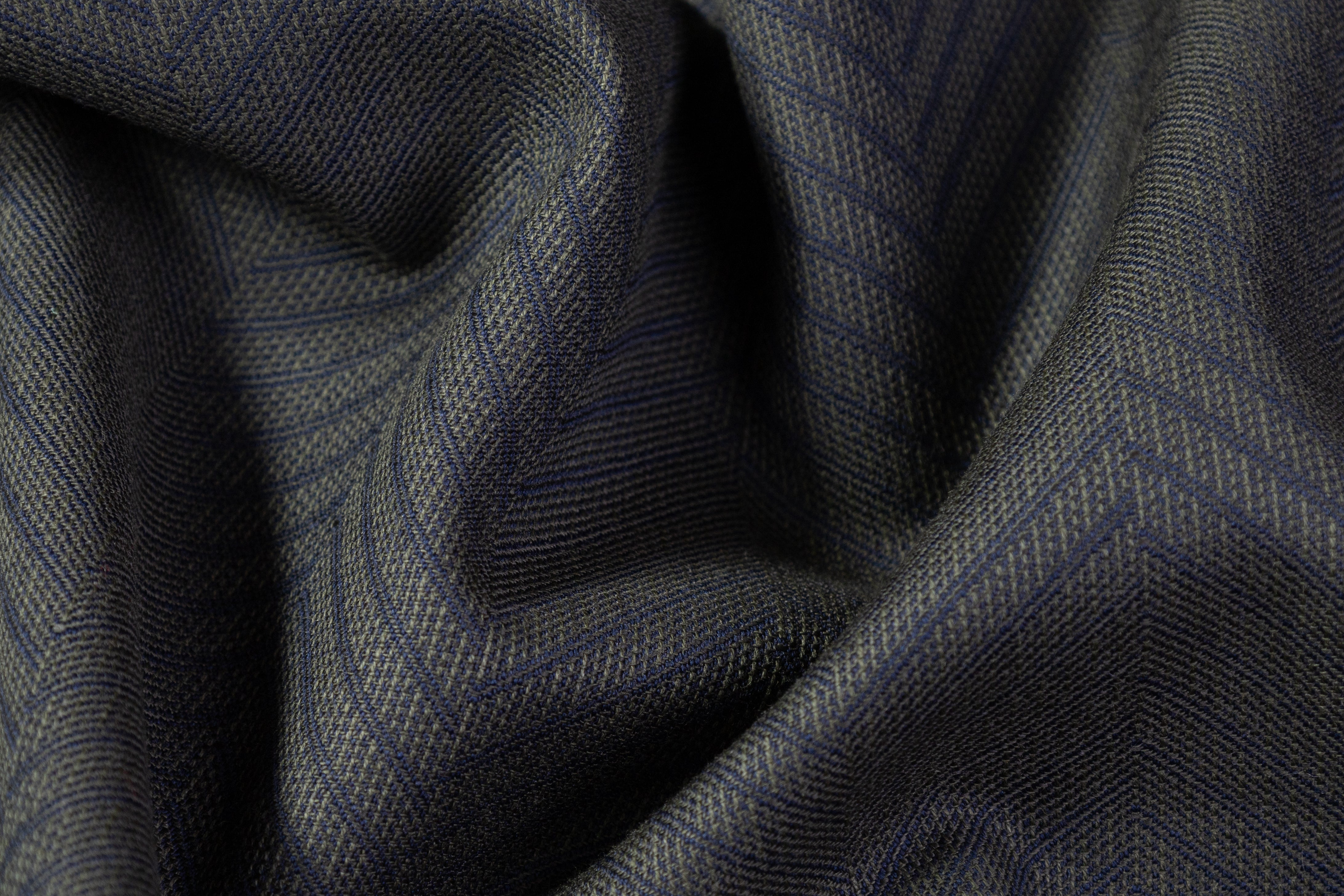Herringbone Italian Wool Cotton Suiting - Green / Navy