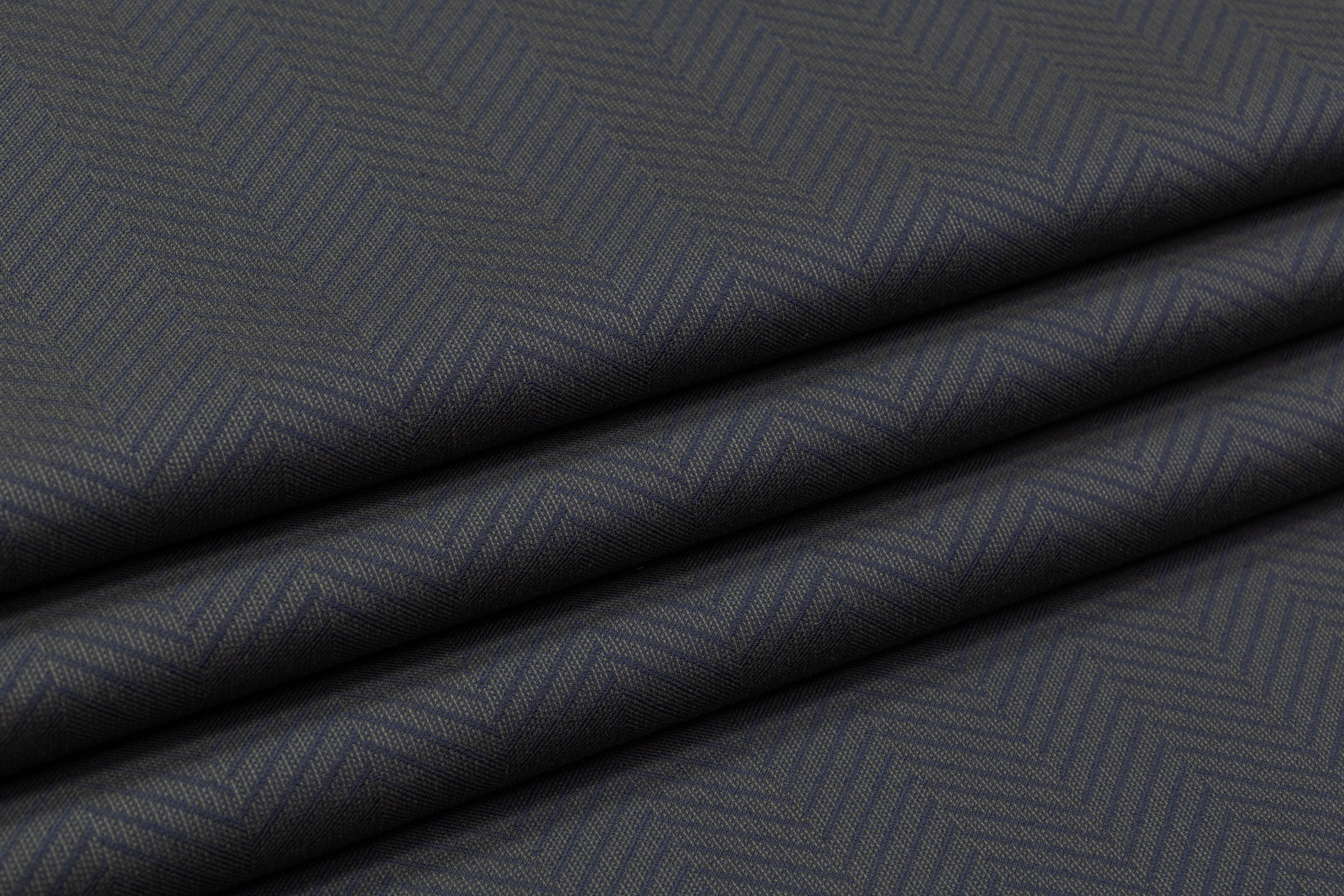 Herringbone Italian Wool Cotton Suiting - Green / Navy