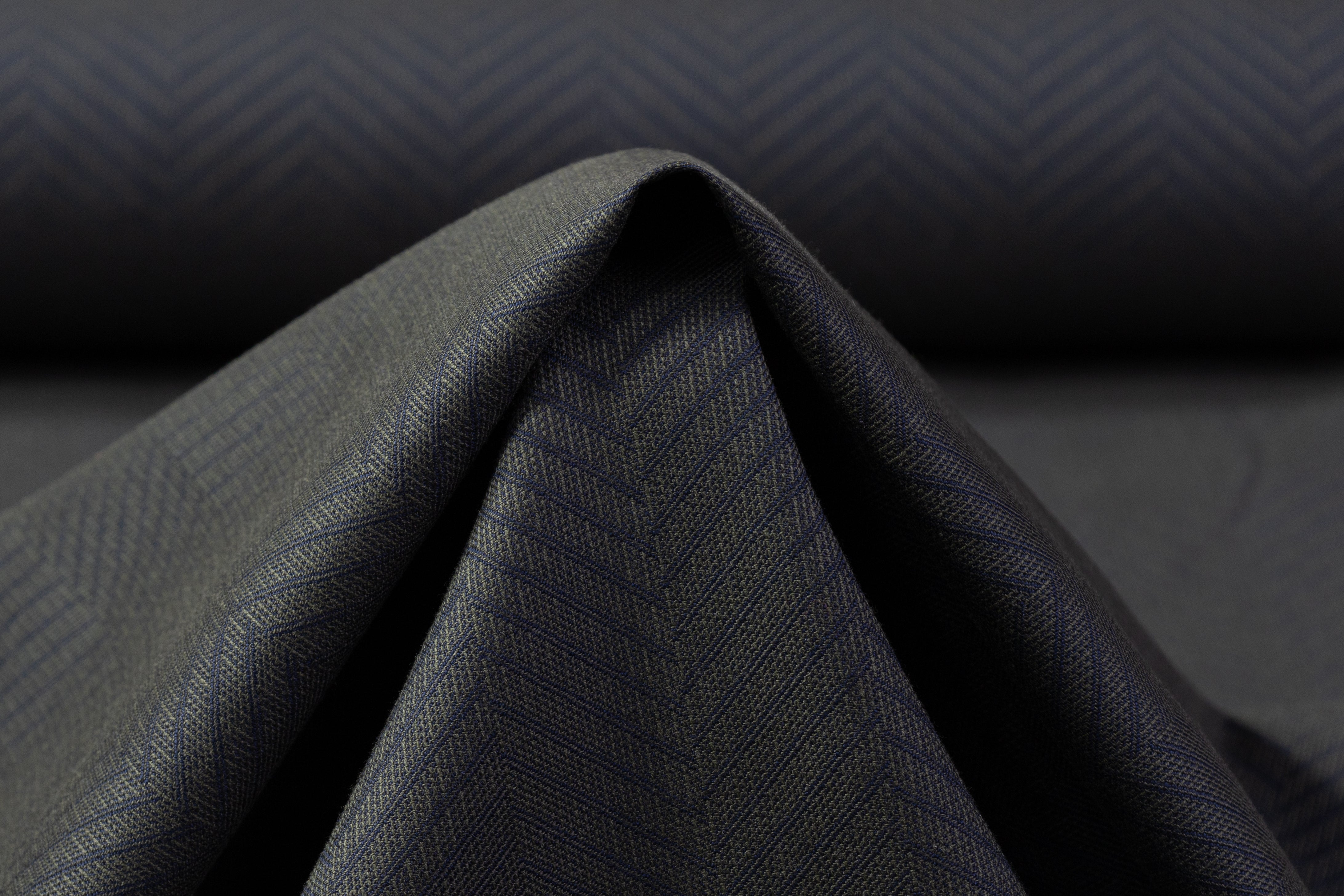 Herringbone Italian Wool Cotton Suiting - Green / Navy