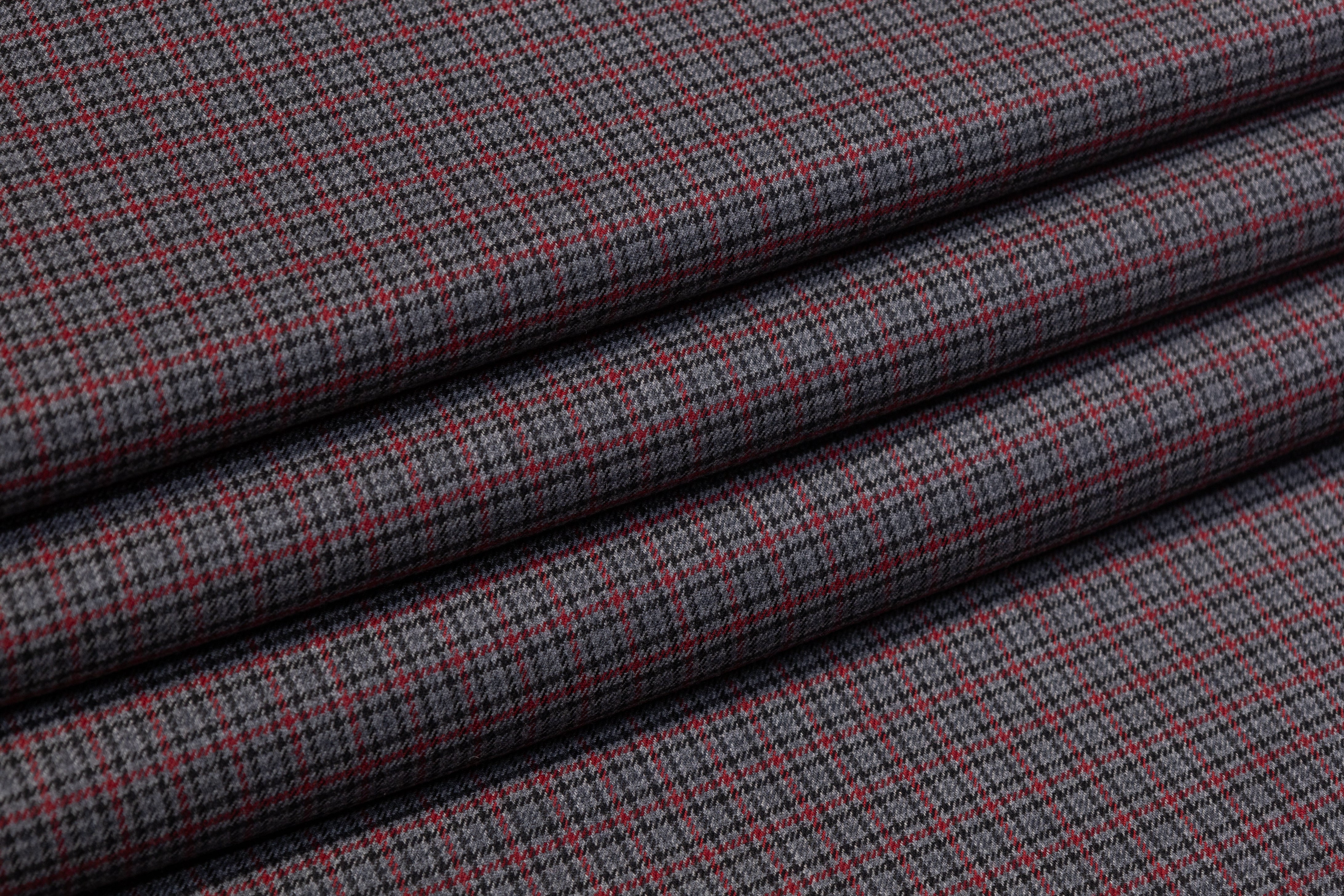 Micro Plaid Italian Wool Suiting - Gray / Red