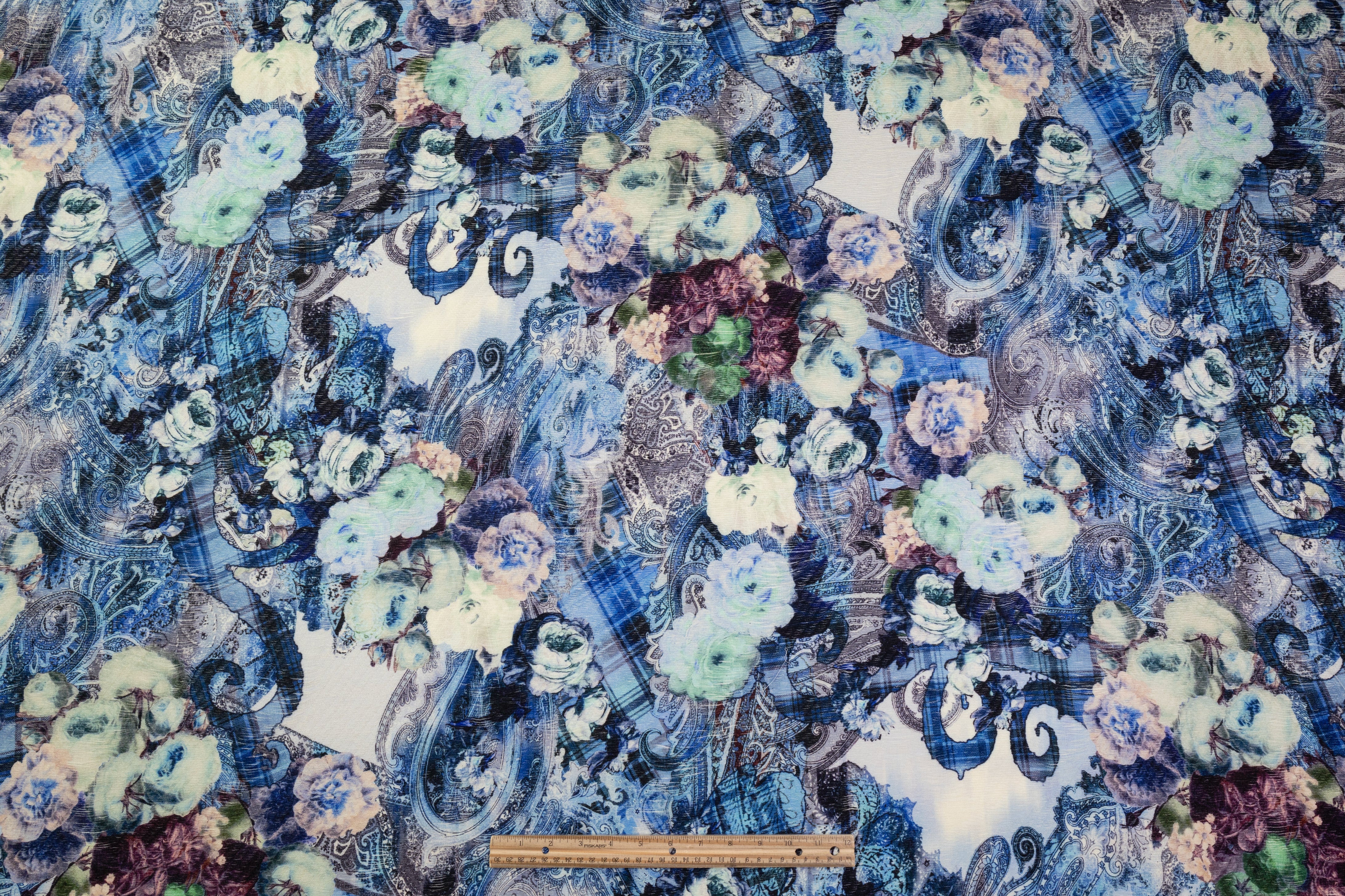 Abstract Paisley Floral Italian Textured Wool Challis - Blue
