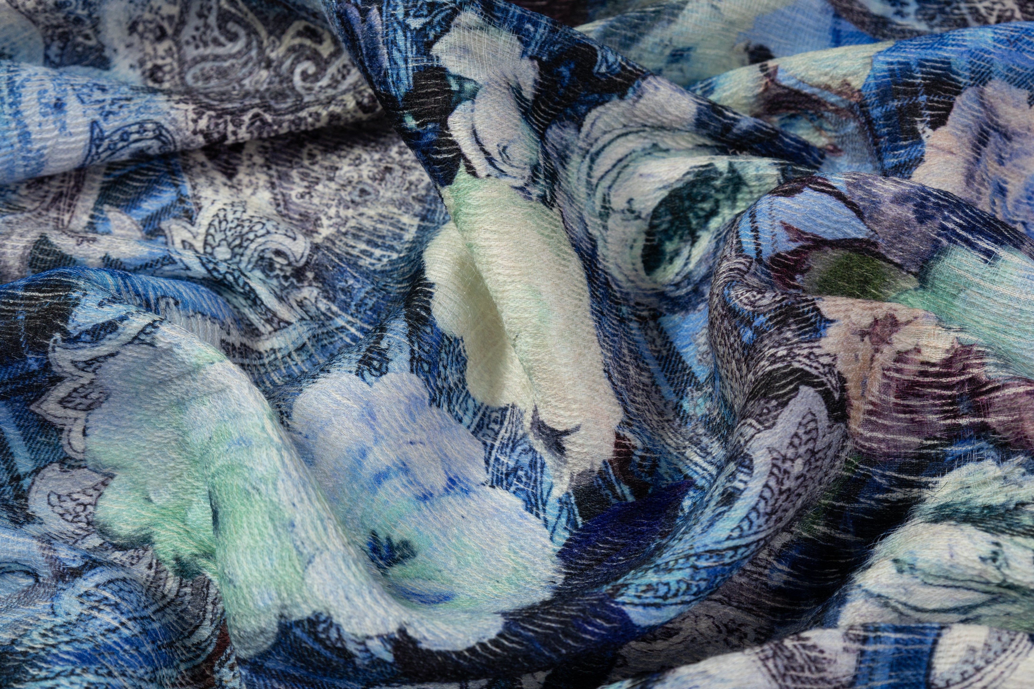 Abstract Paisley Floral Italian Textured Wool Challis - Blue