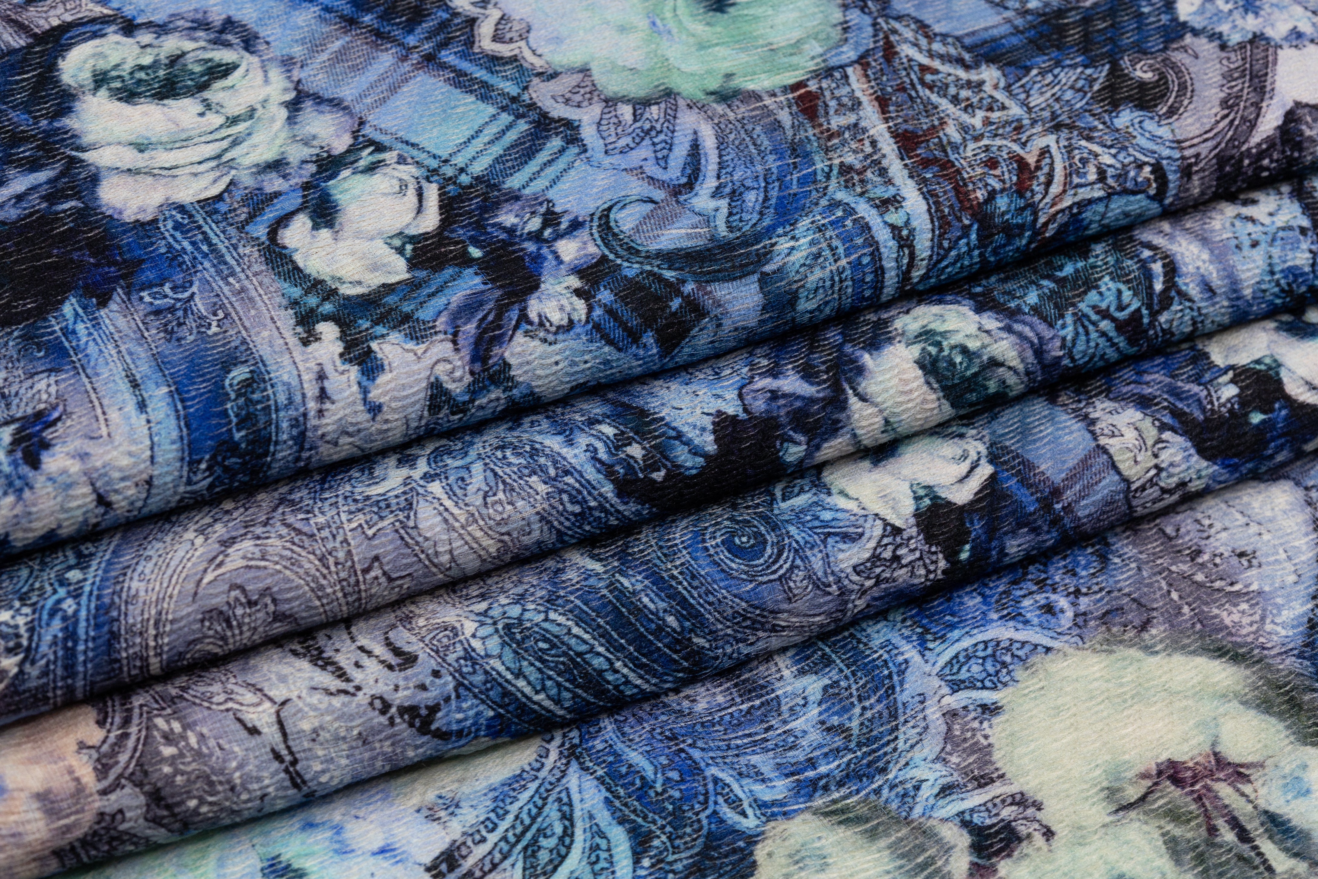 Abstract Paisley Floral Italian Textured Wool Challis - Blue