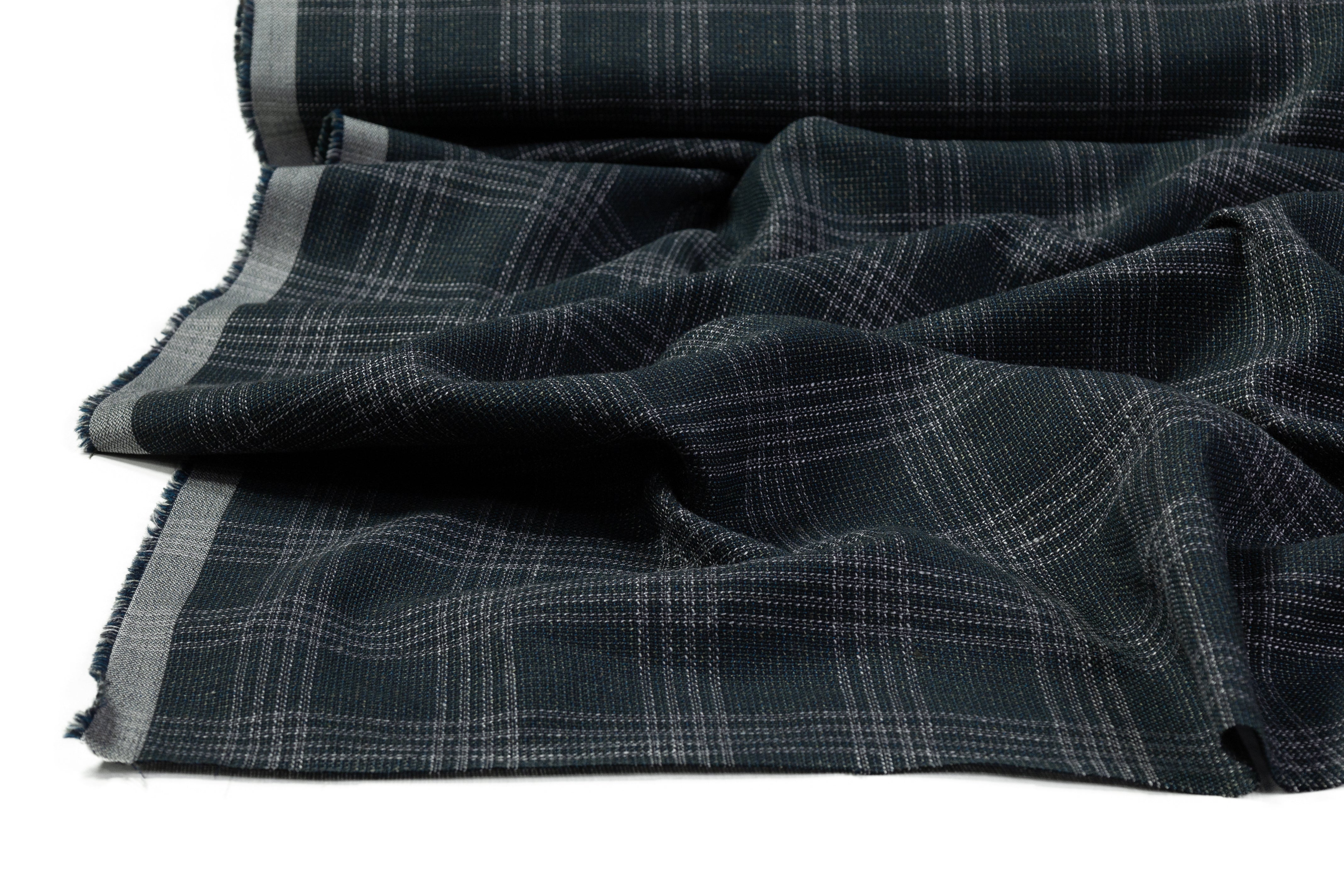 Checked Italian Wool Cotton Tweed - Midnight Teal