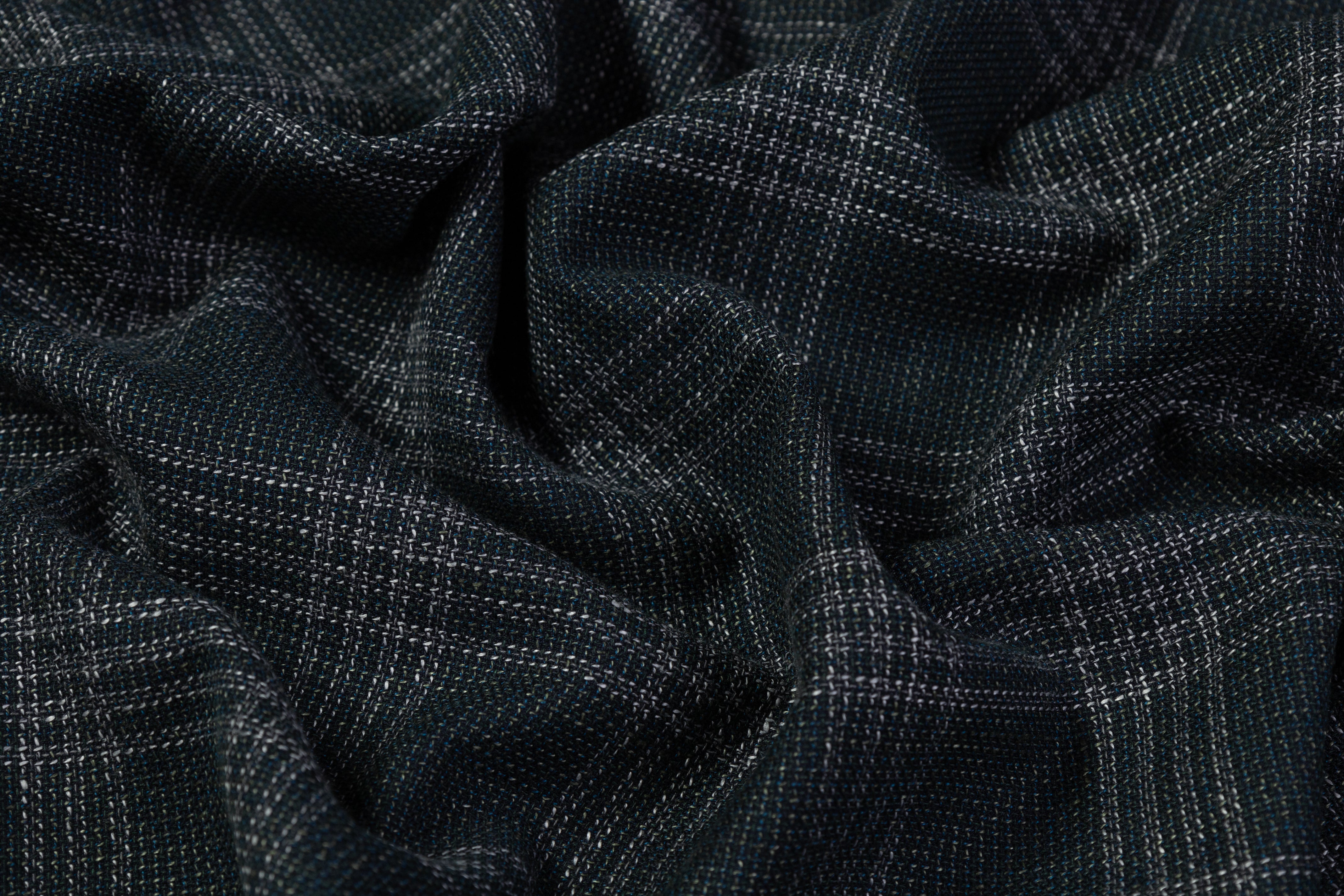 Checked Italian Wool Cotton Tweed - Midnight Teal