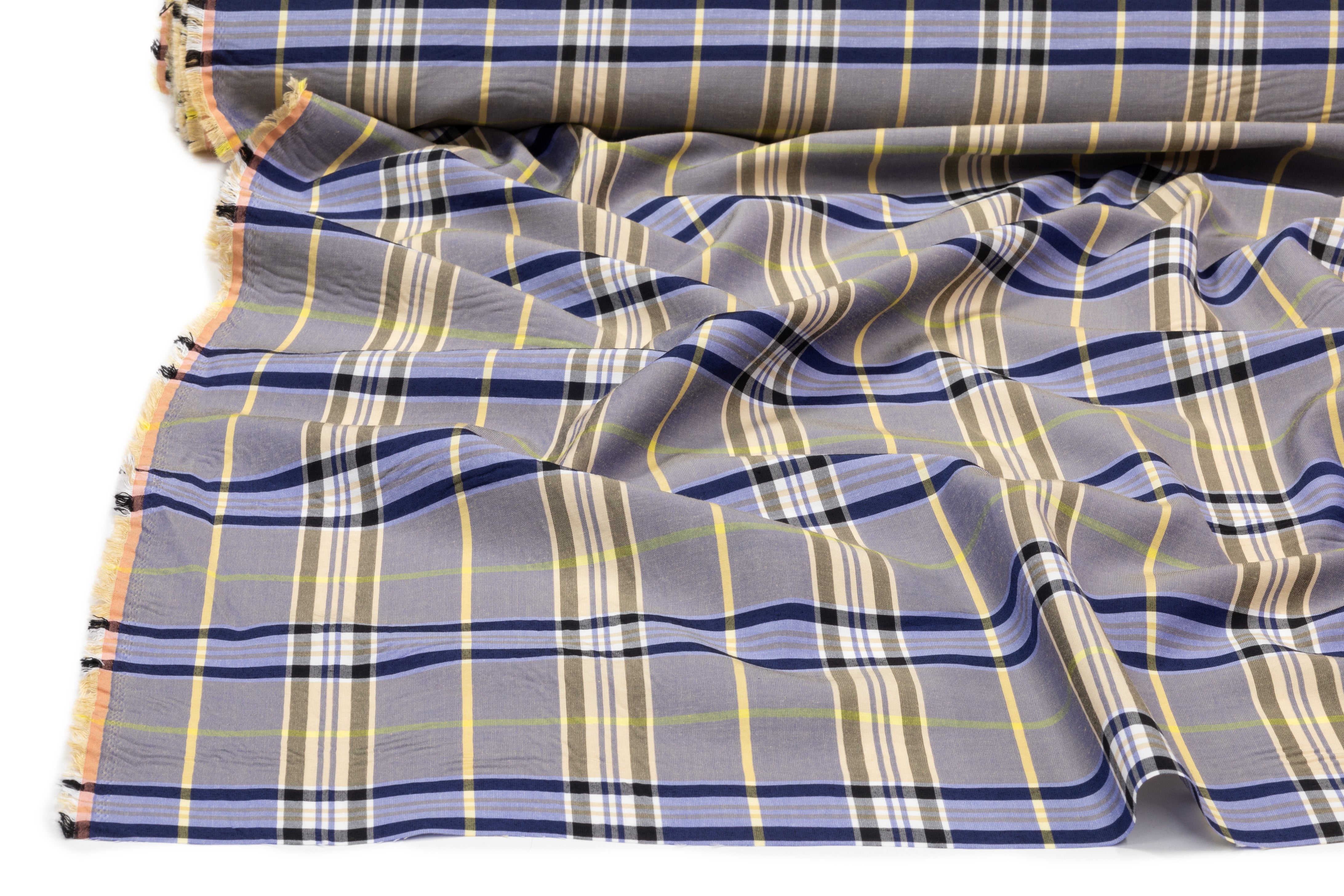 Plaid Italian Viscose Cupro Shirting - Navy / Yellow