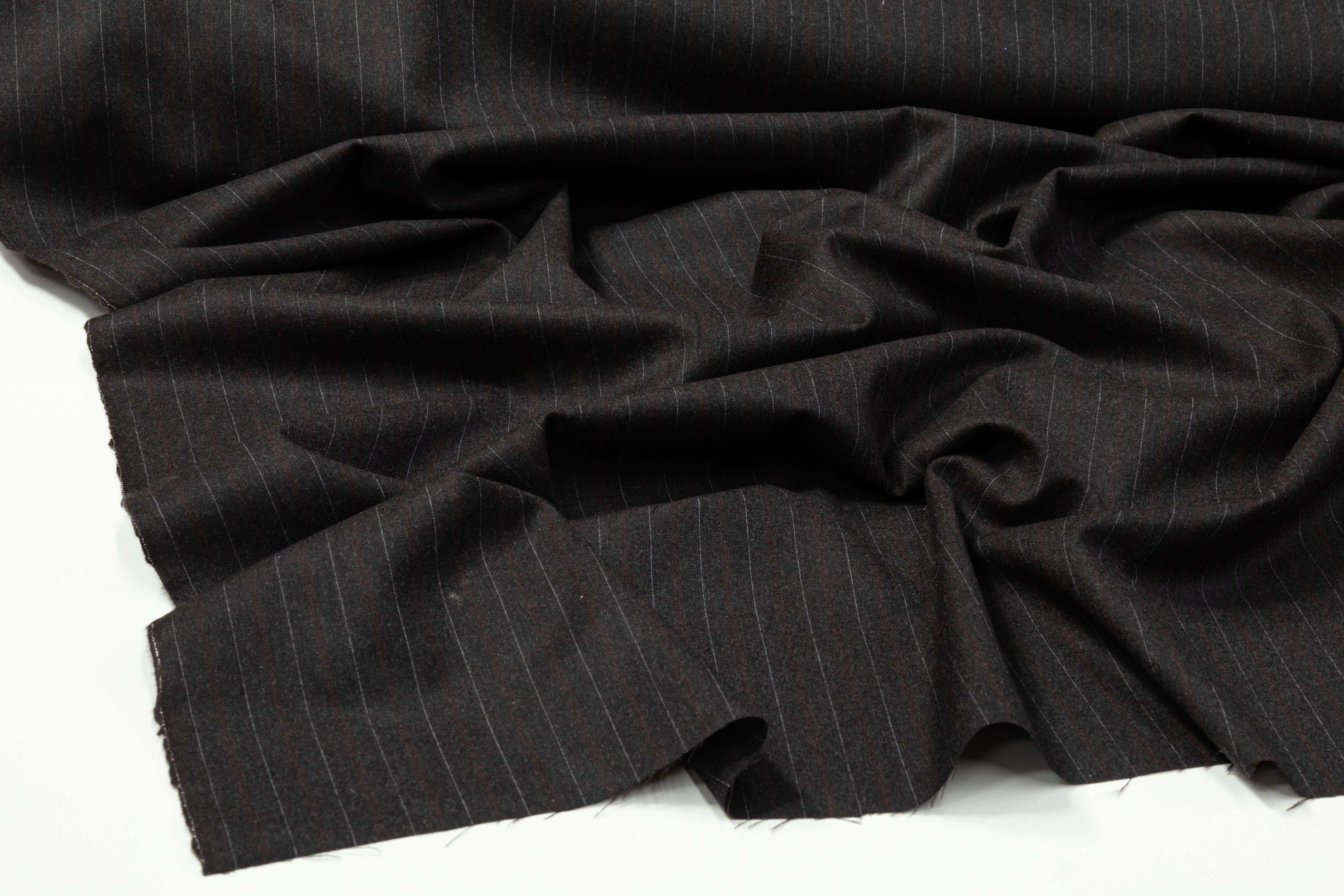 Pin Striped Italian Wool Suiting - Charcoal Gray / Red
