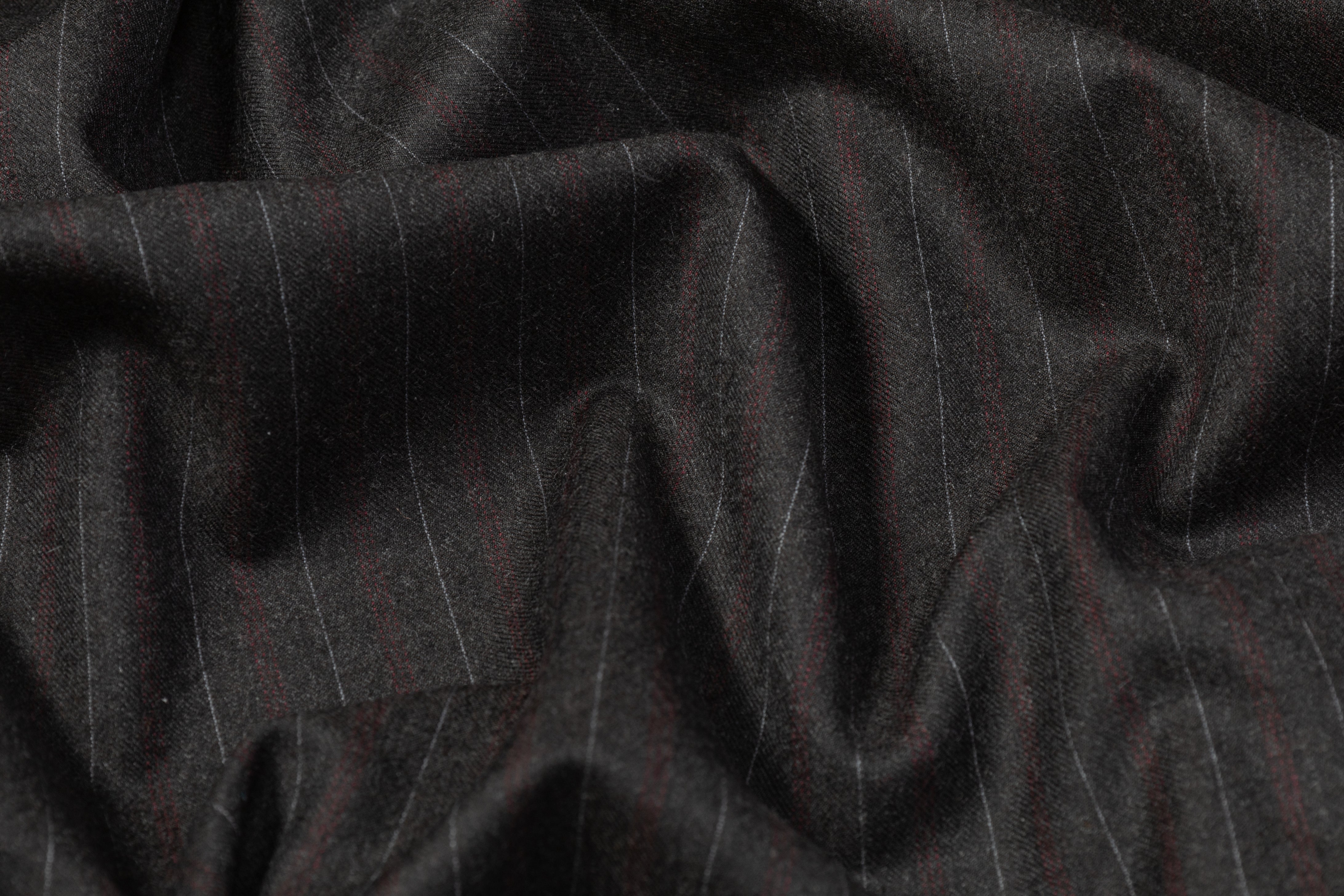 Pin Striped Italian Wool Suiting - Charcoal Gray / Red