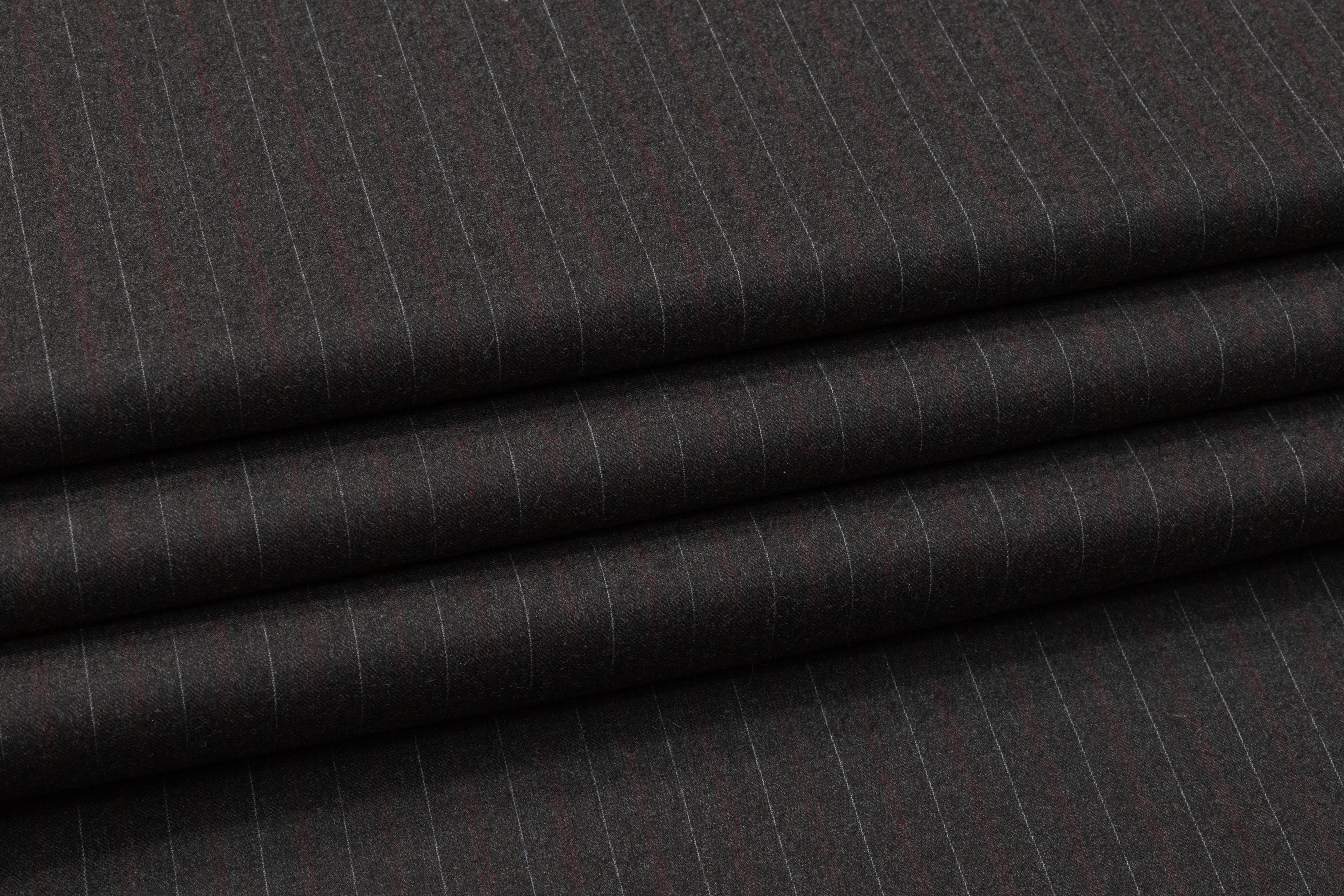 Pin Striped Italian Wool Suiting - Charcoal Gray / Red