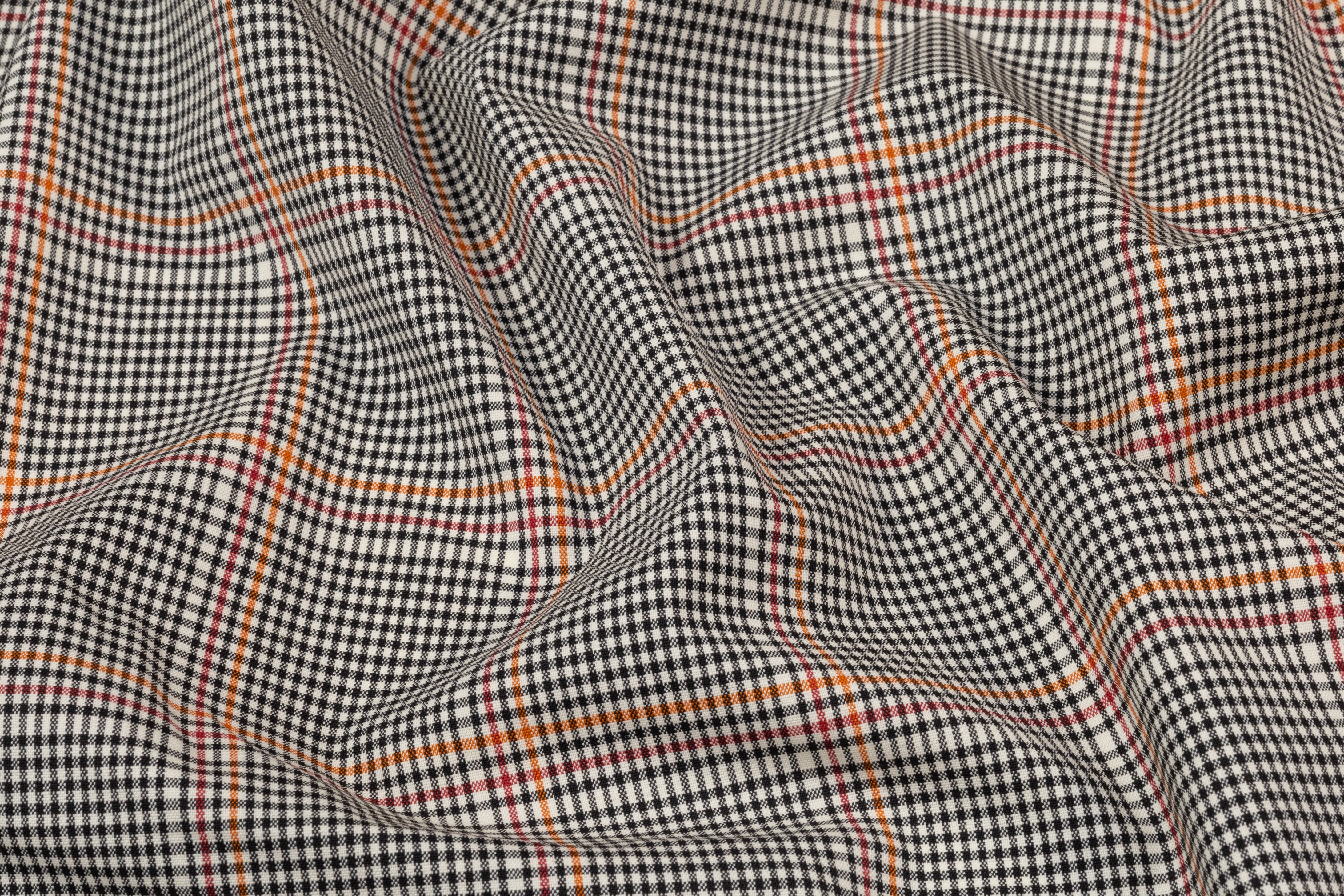 Checked Italian Wool Suiting - Black / Red / Orange / Off White