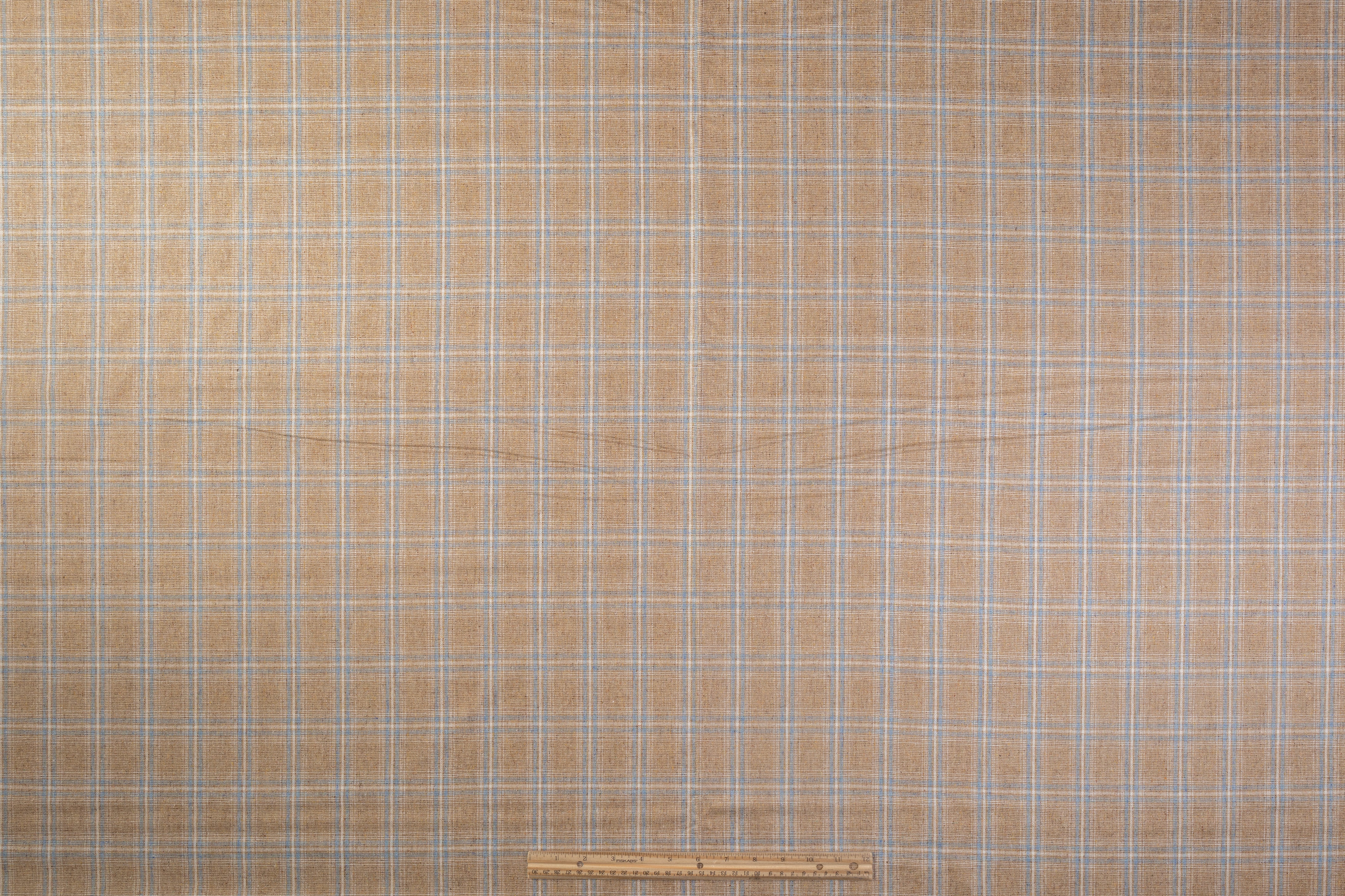 Checked Italian Pure Silk Suiting - Tan / Blue