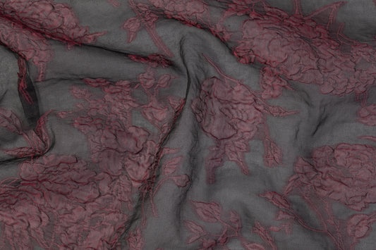 Italian Silk Organza Brocade - Black / Burgundy