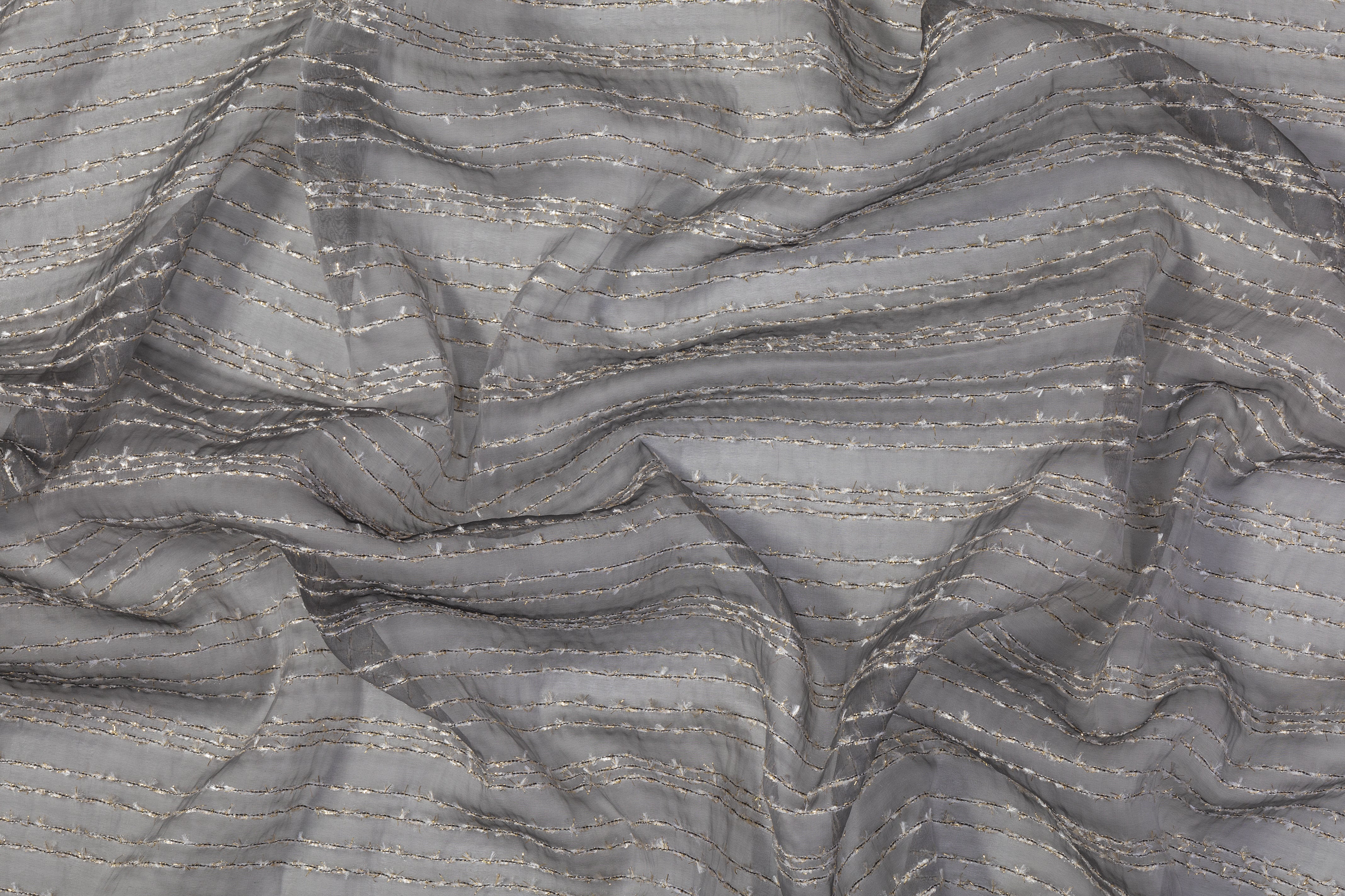 Embroidered Italian Silk Nylon Organza - Gray / White / Gold