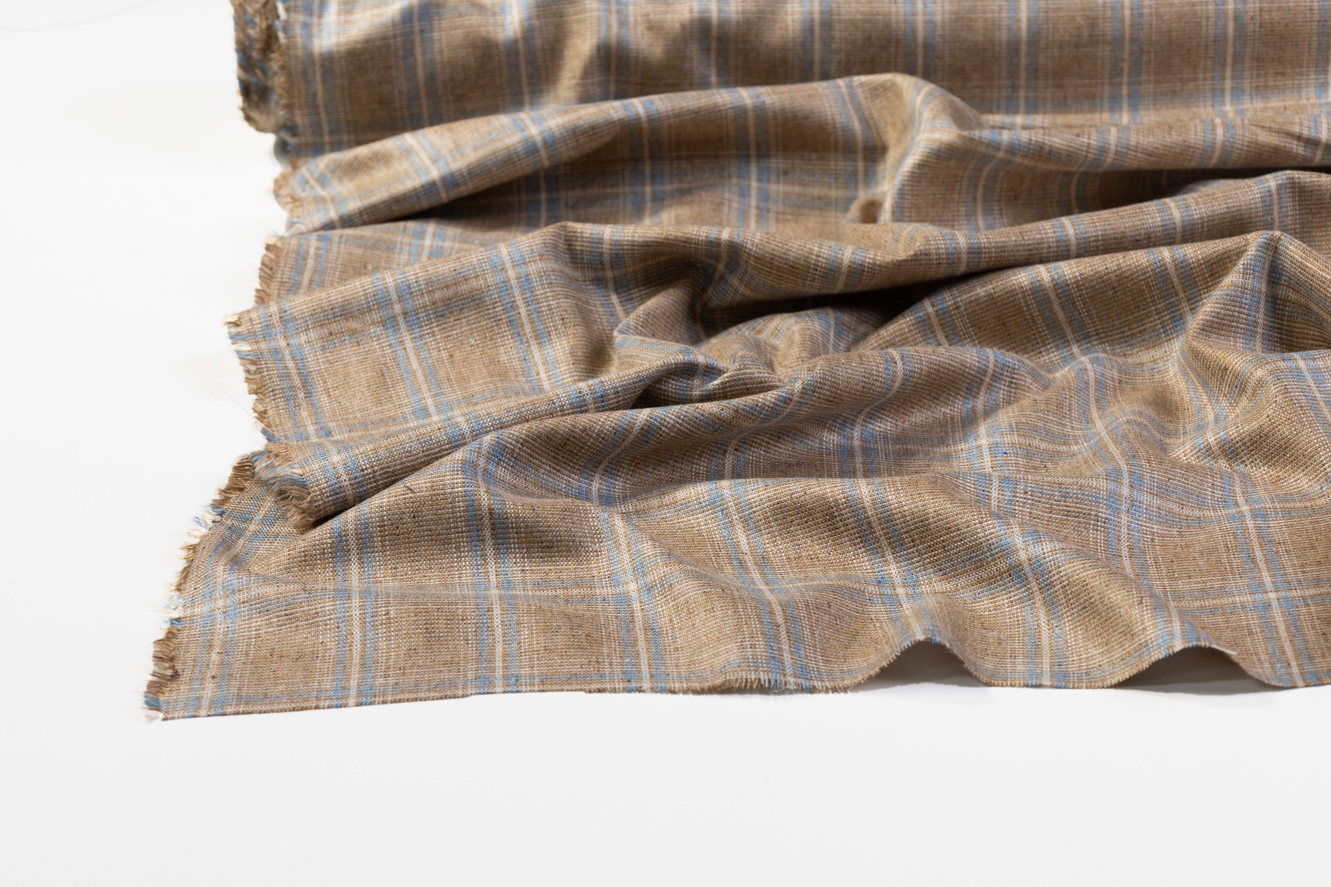 Checked Italian Pure Silk Suiting - Tan / Blue