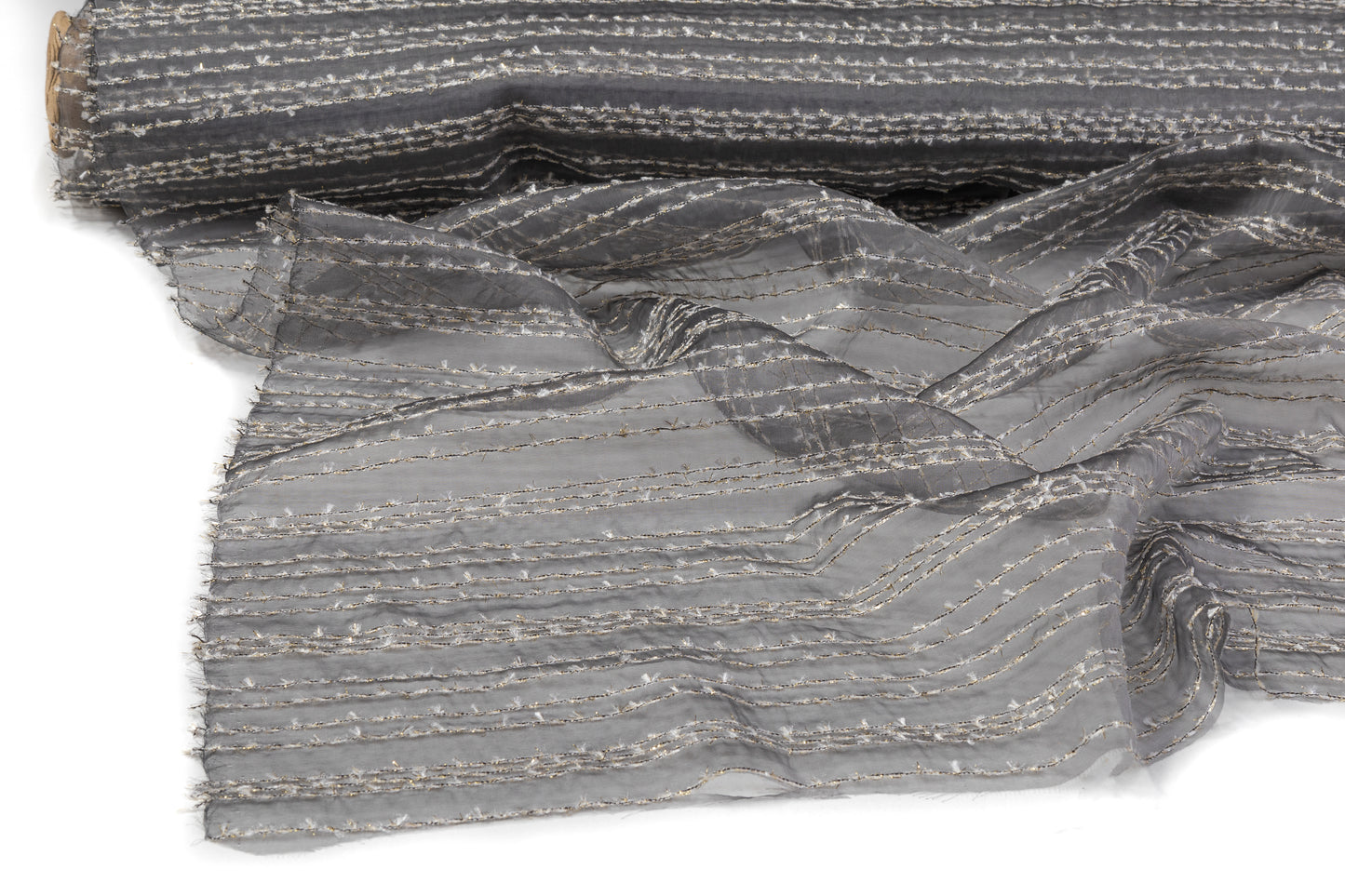 Embroidered Italian Silk Nylon Organza - Gray / White / Gold