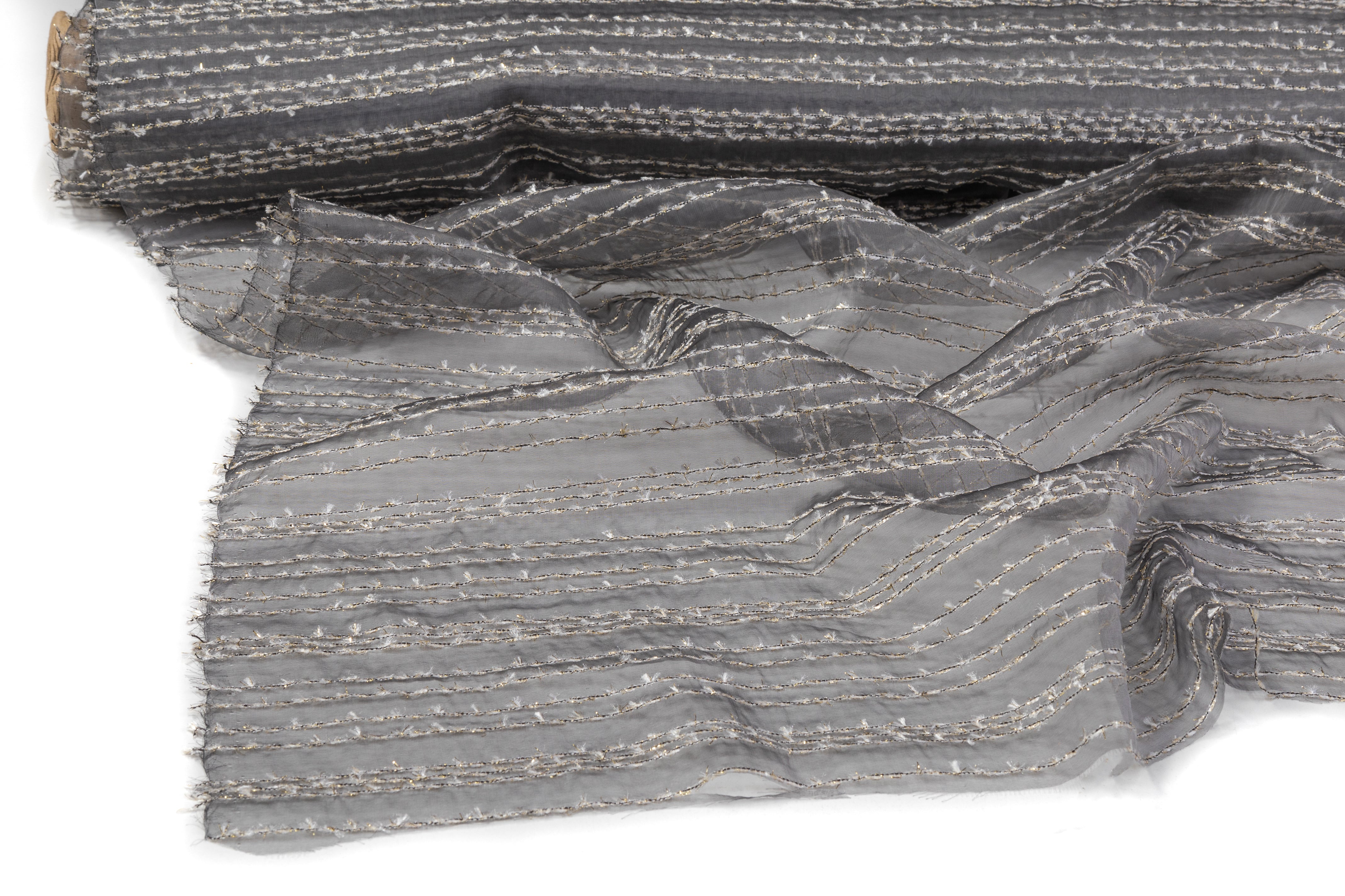 Embroidered Italian Silk Nylon Organza - Gray / White / Gold