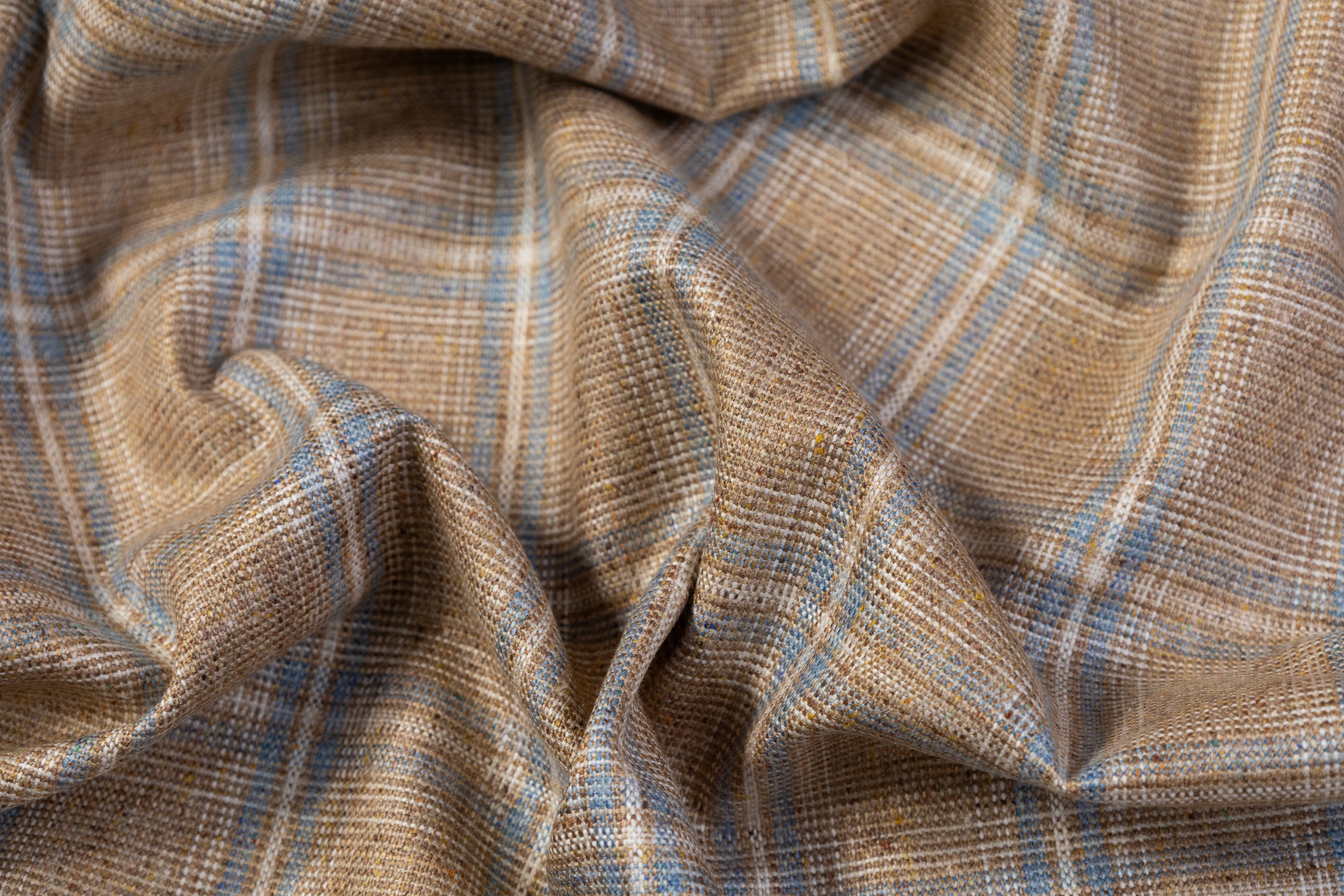 Checked Italian Pure Silk Suiting - Tan / Blue