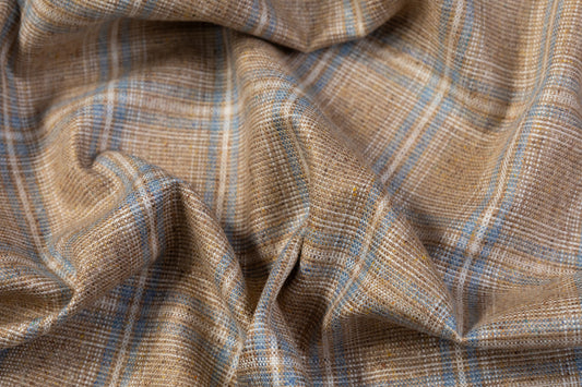 Checked Italian Pure Silk Suiting - Tan / Blue