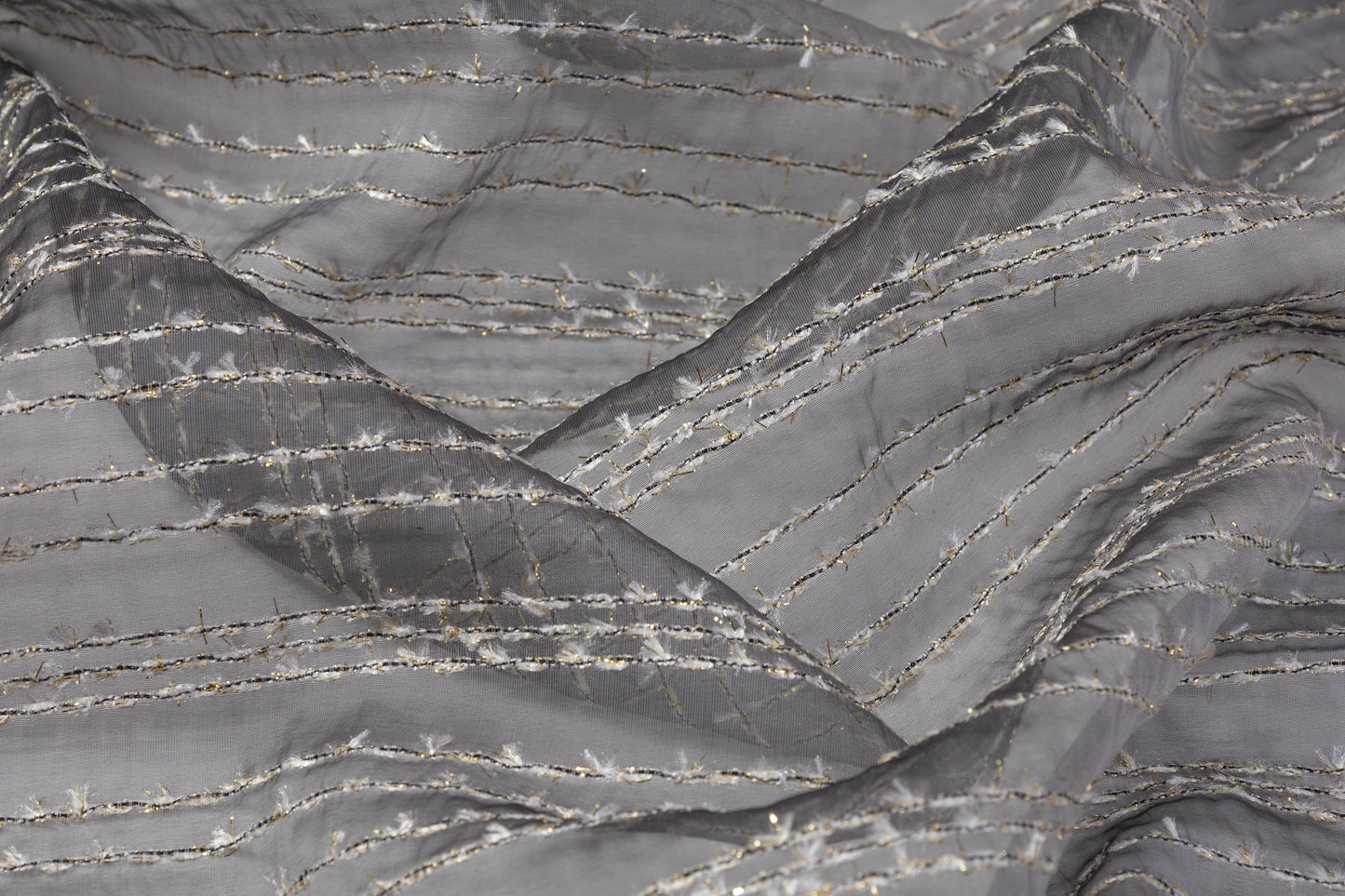 Embroidered Italian Silk Nylon Organza - Gray / White / Gold