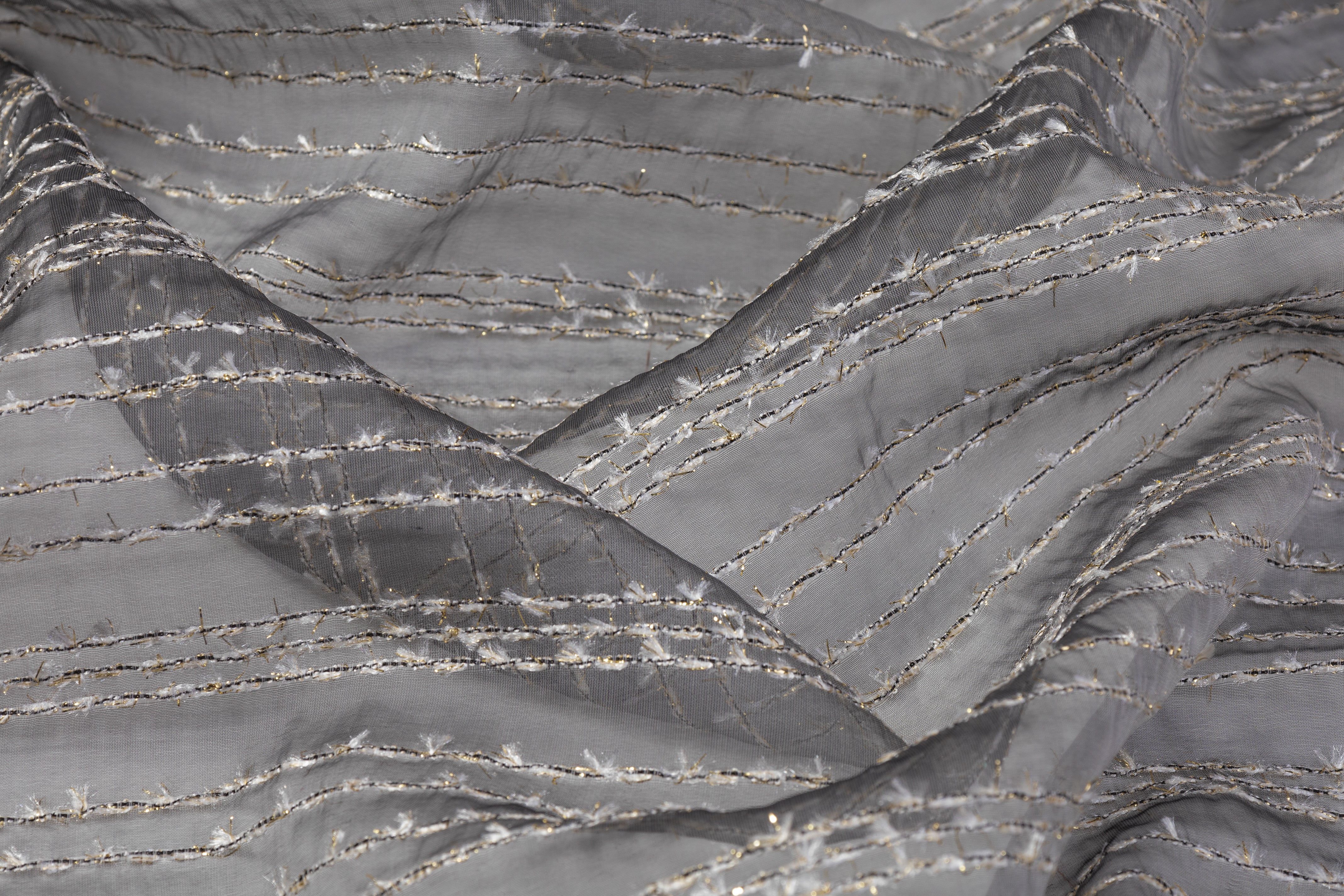 Embroidered Italian Silk Nylon Organza - Gray / White / Gold