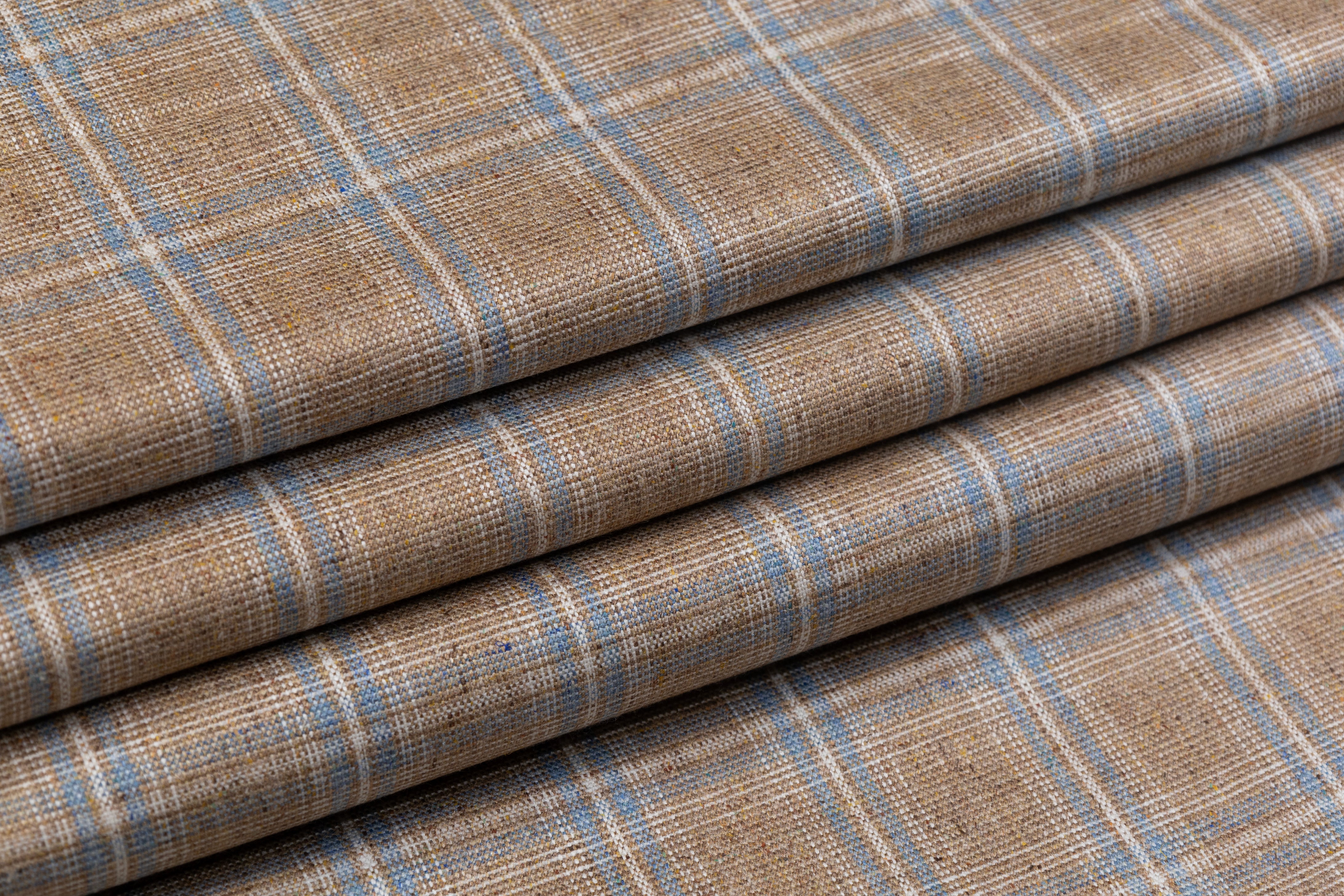 Checked Italian Pure Silk Suiting - Tan / Blue