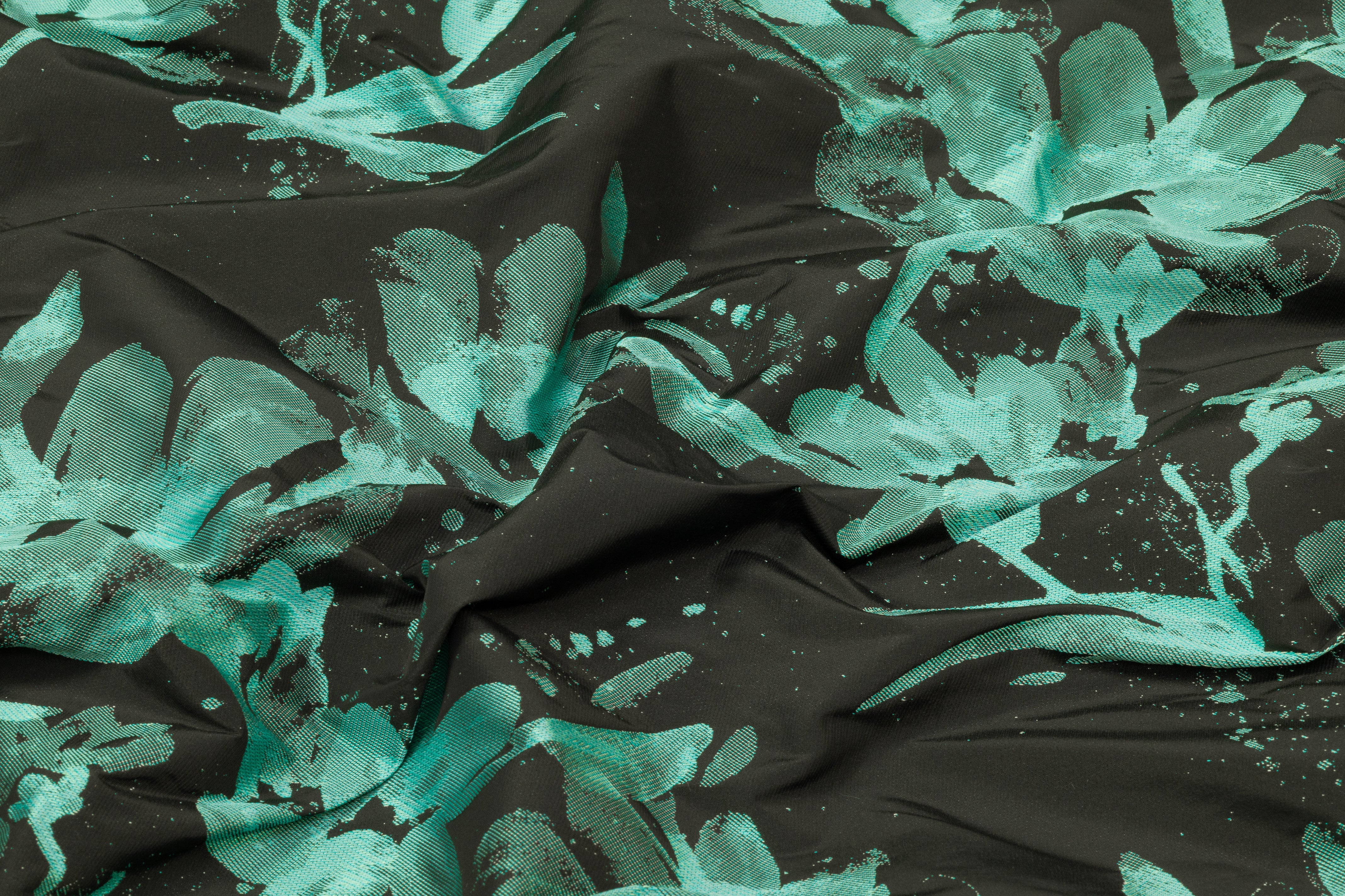Floral Italian Taffeta Jacquard - Black / Aqua Green