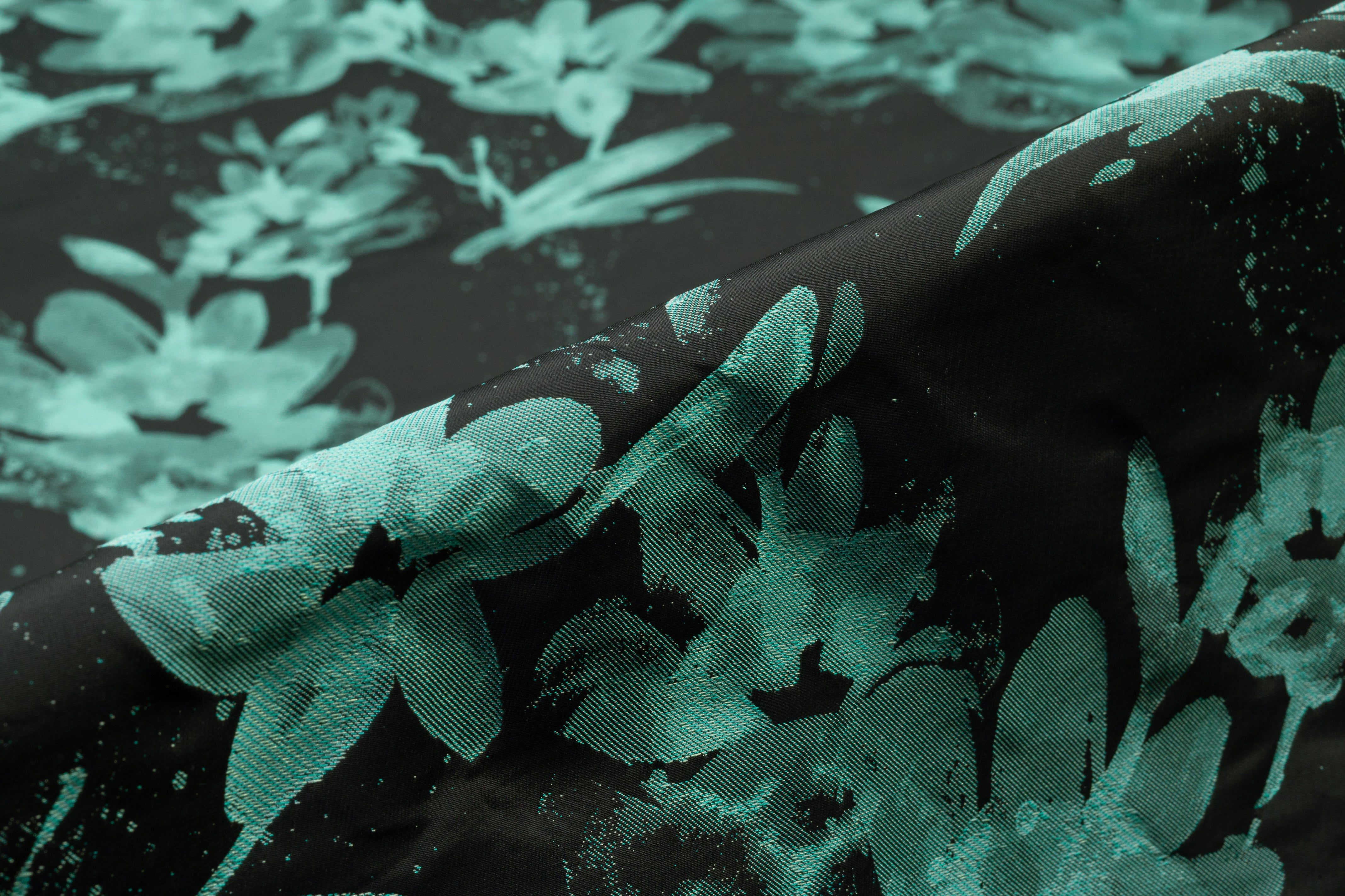 Floral Italian Taffeta Jacquard - Black / Aqua Green