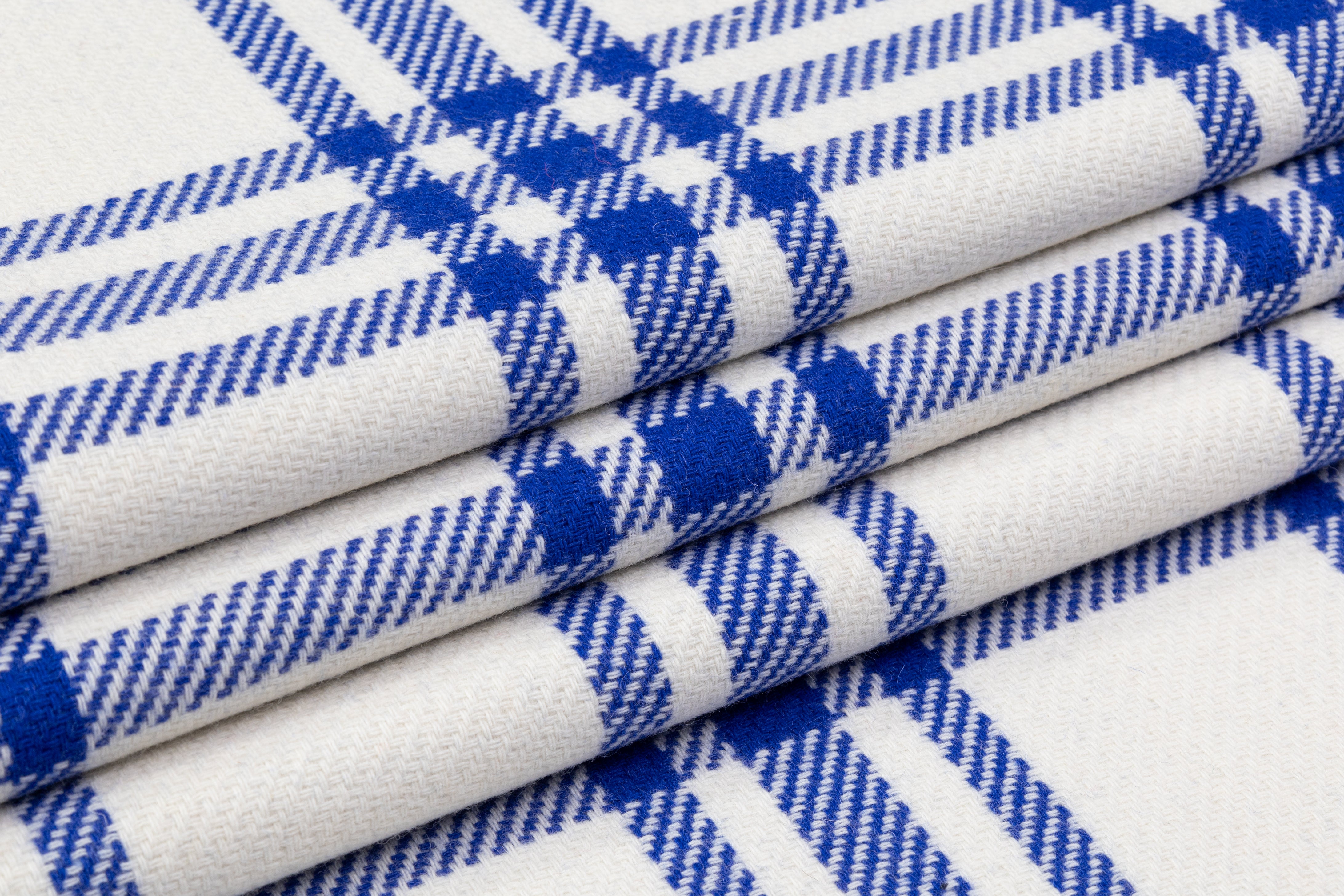 Double Faced Plaid Italian Wool Coating - Blue / Off White