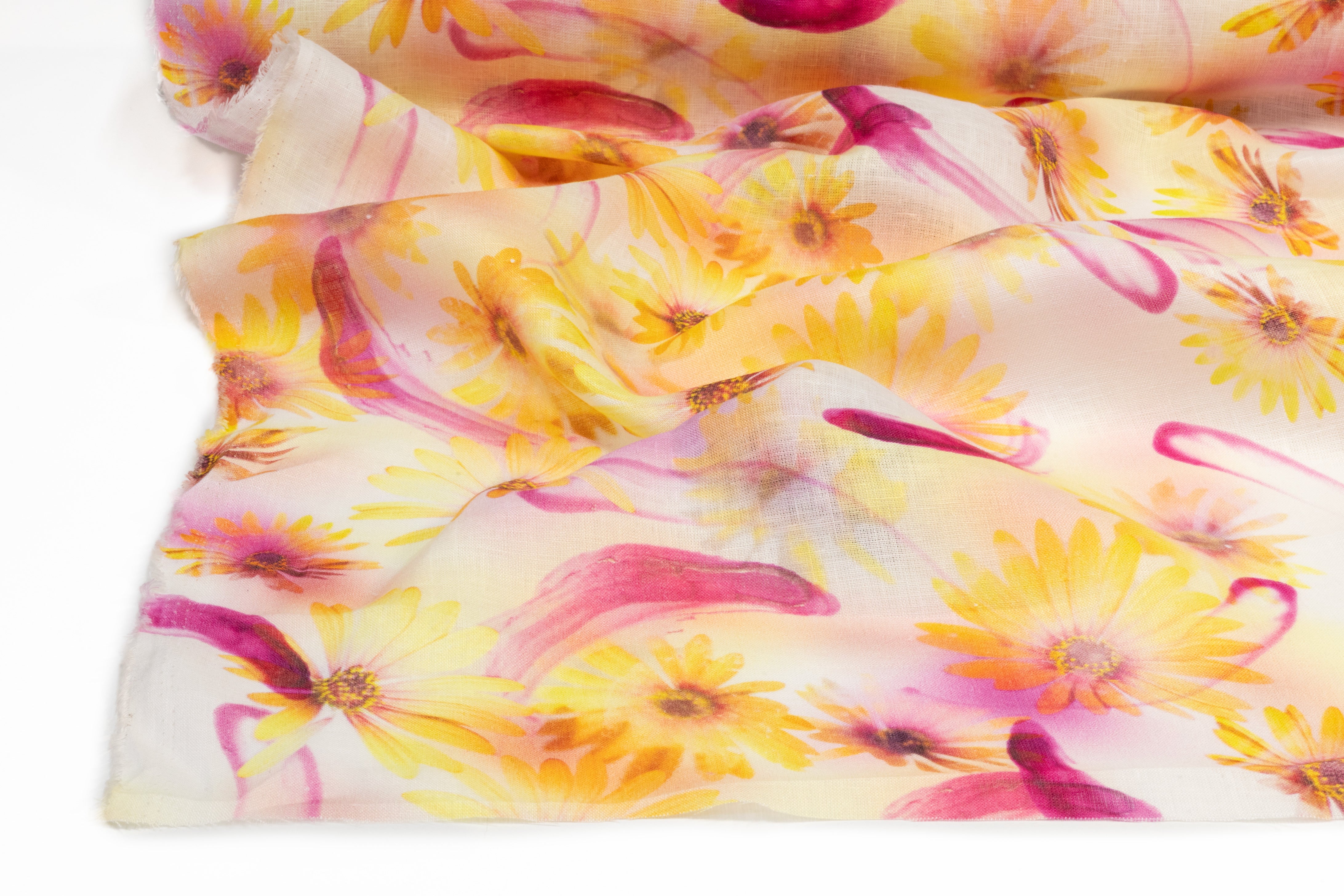 Floral Linen Print - Golden Yellow / Fuchsia