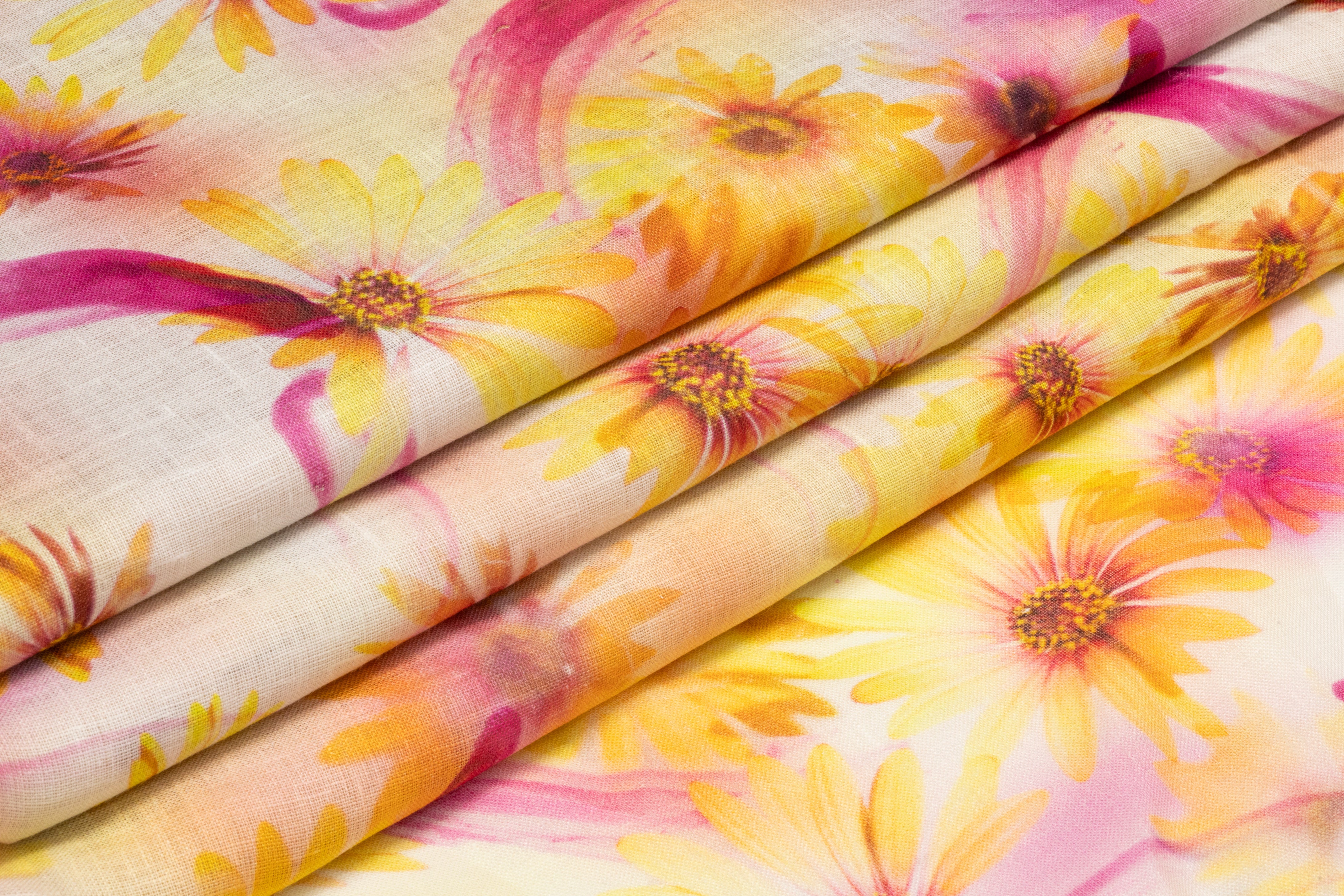 Floral Linen Print - Golden Yellow / Fuchsia