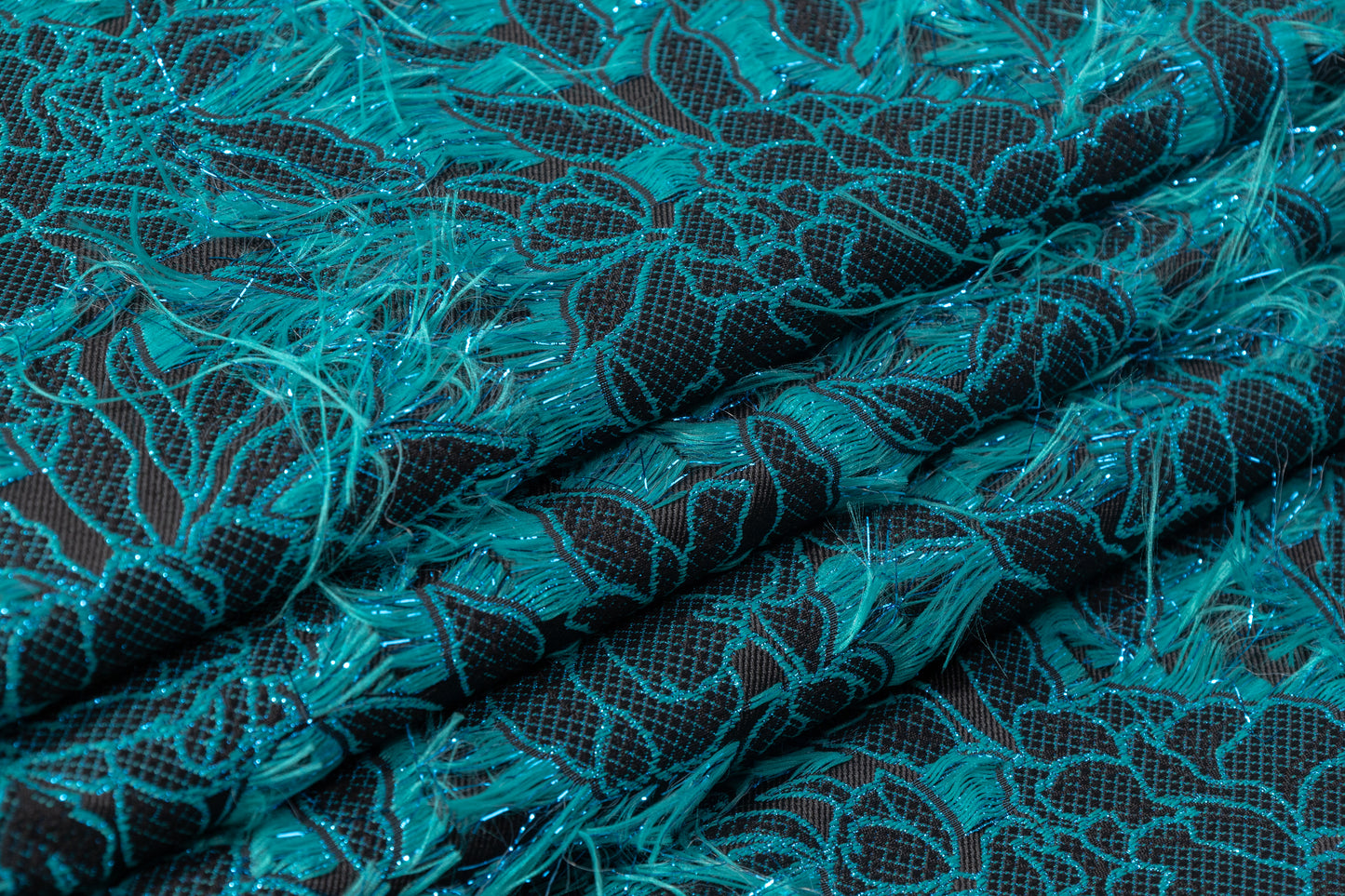 Fringed Floral Metallic Brocade - Turquoise / Black
