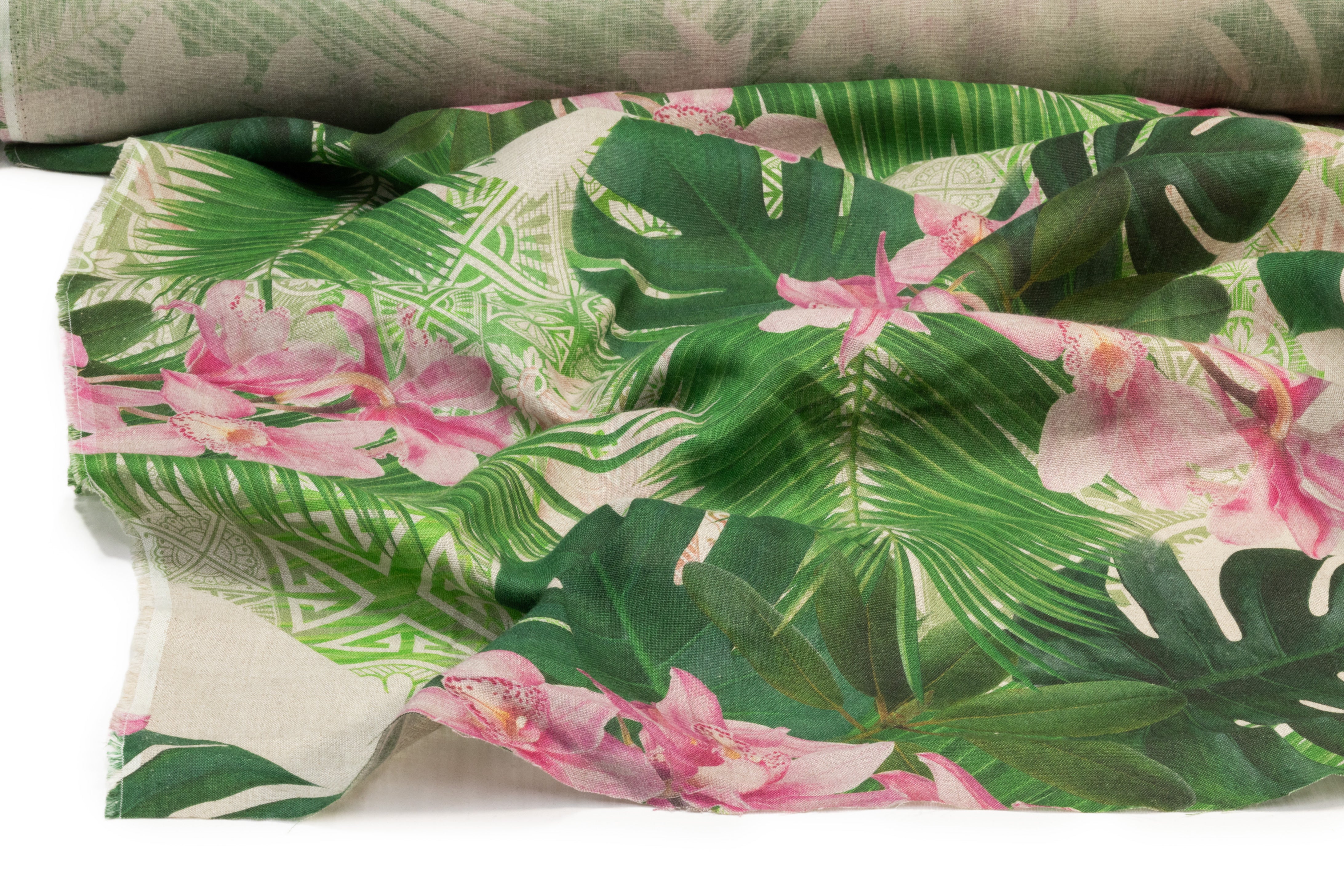 Tropical Linen Print - Green / Pink / Taupe