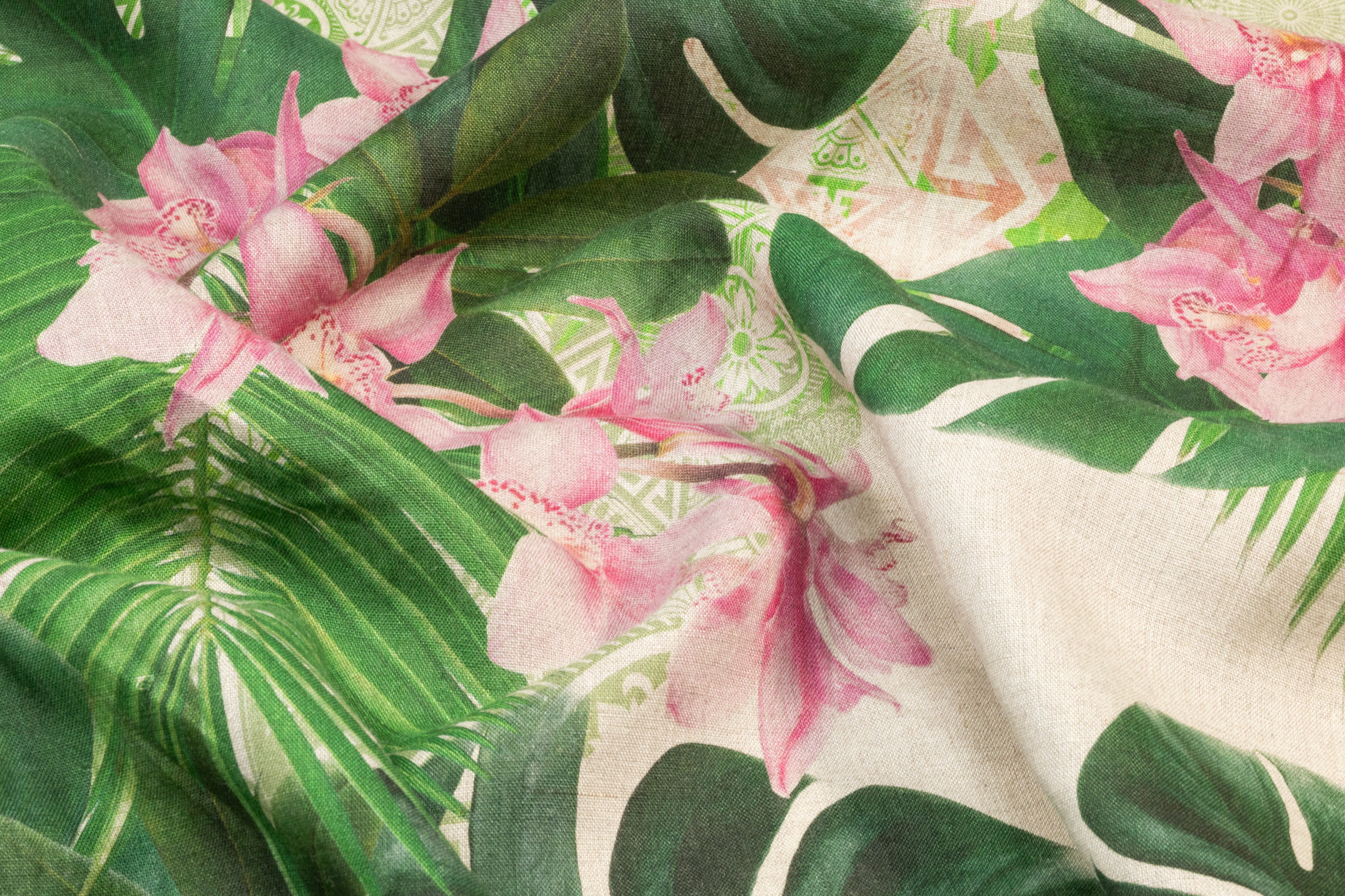 Tropical Linen Print - Green / Pink / Taupe