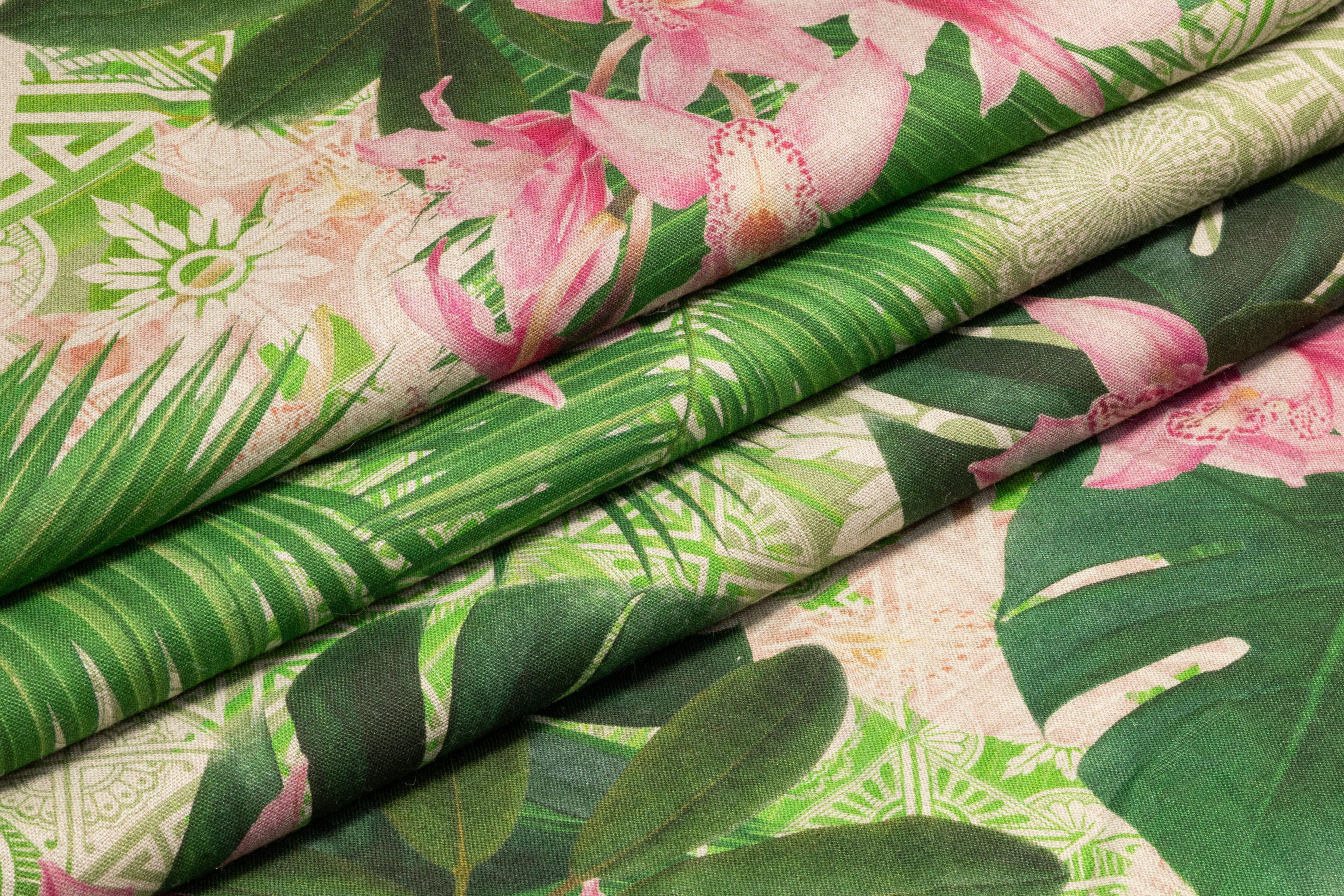 Tropical Linen Print - Green / Pink / Taupe