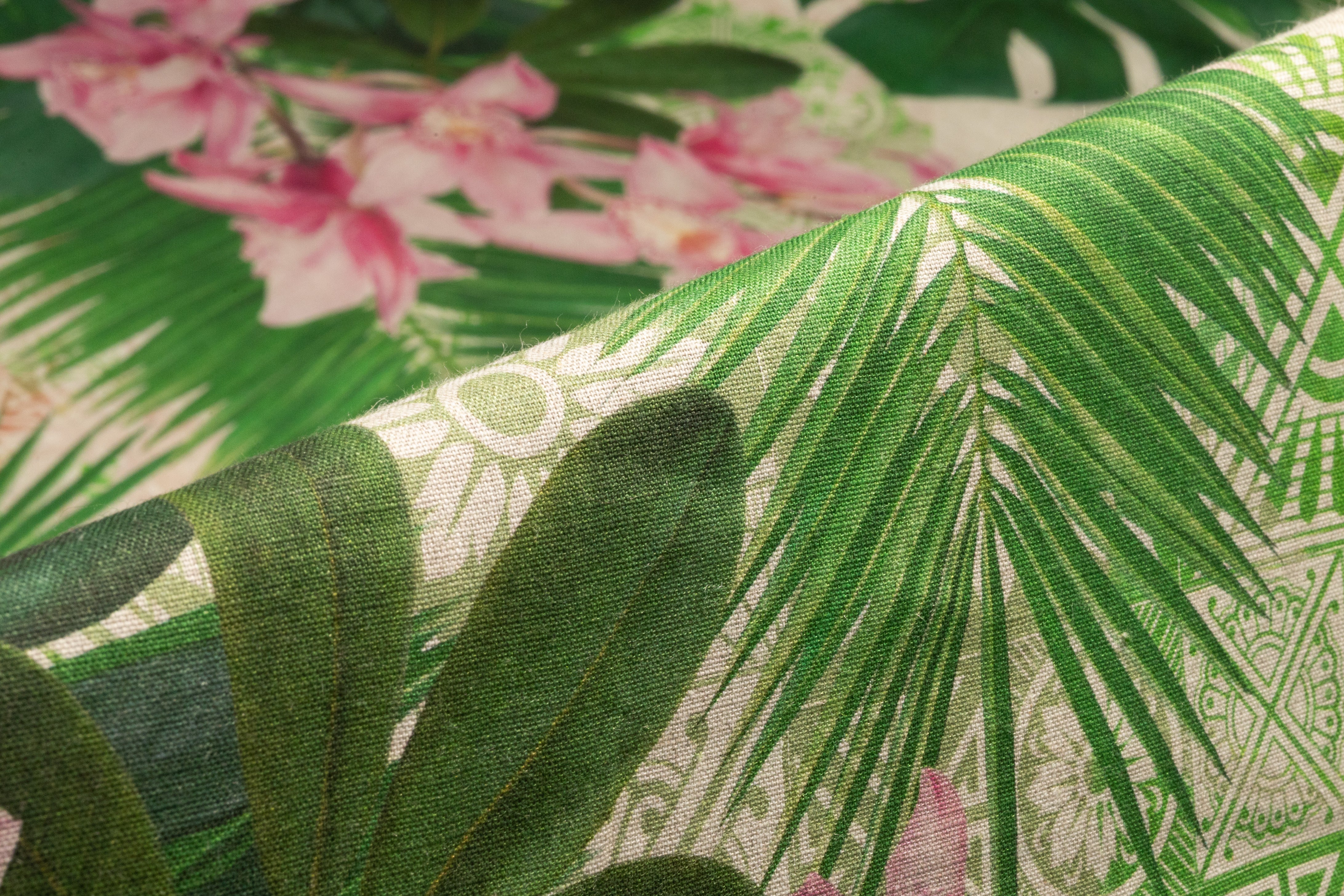 Tropical Linen Print - Green / Pink / Taupe