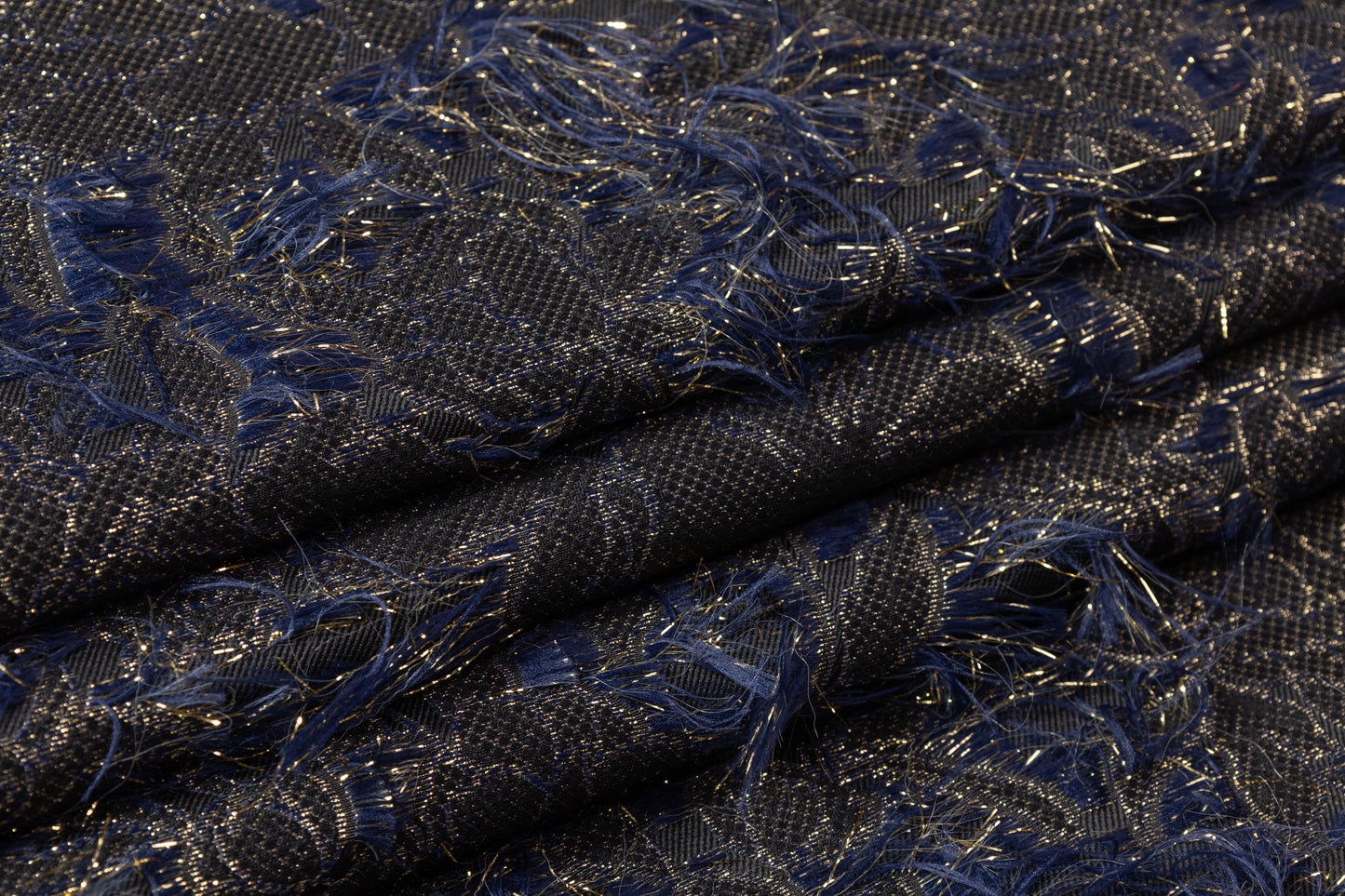 Fringed Floral Metallic Brocade - Navy / Gold / Black