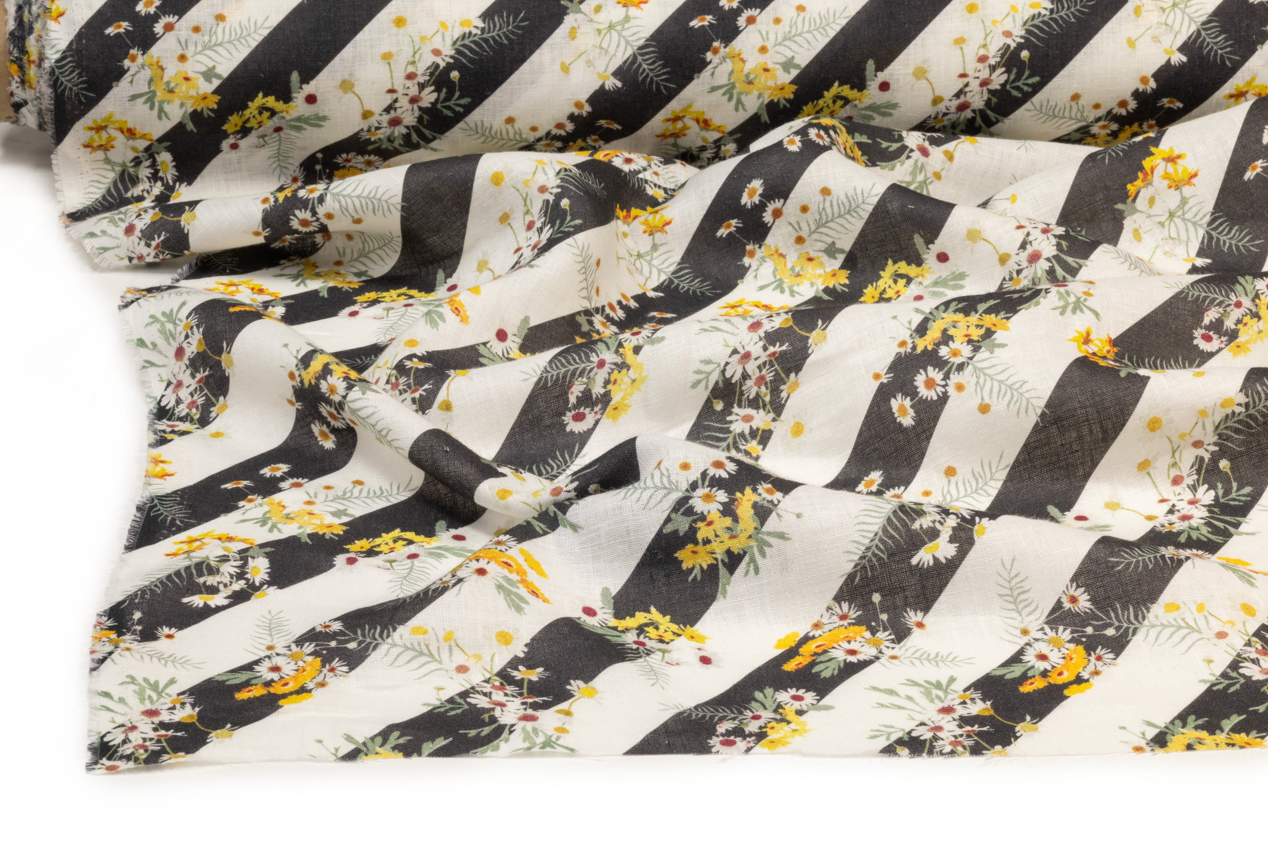 Floral Striped Linen Print - Off White / Charcoal / Yellow