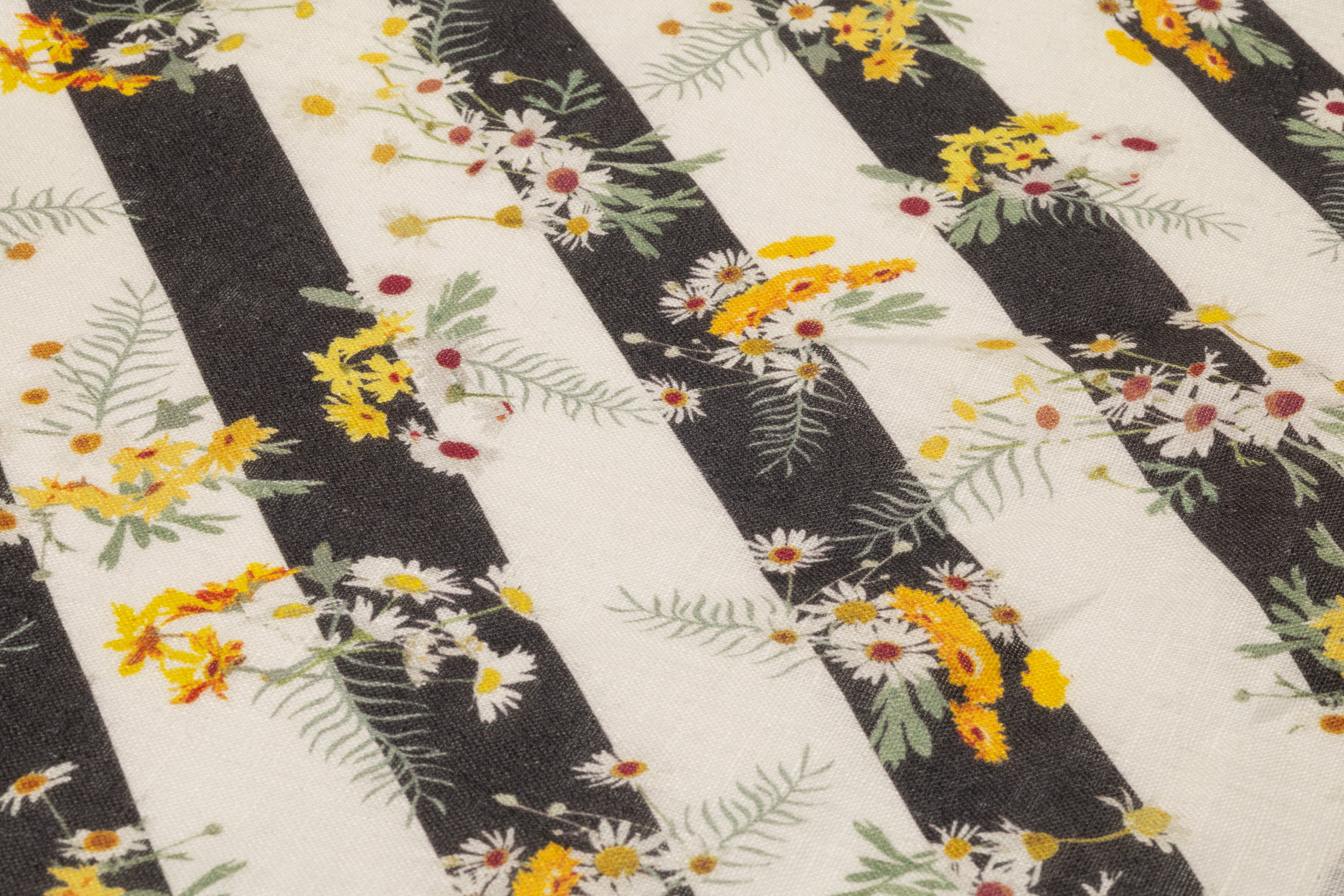 Floral Striped Linen Print - Off White / Charcoal / Yellow