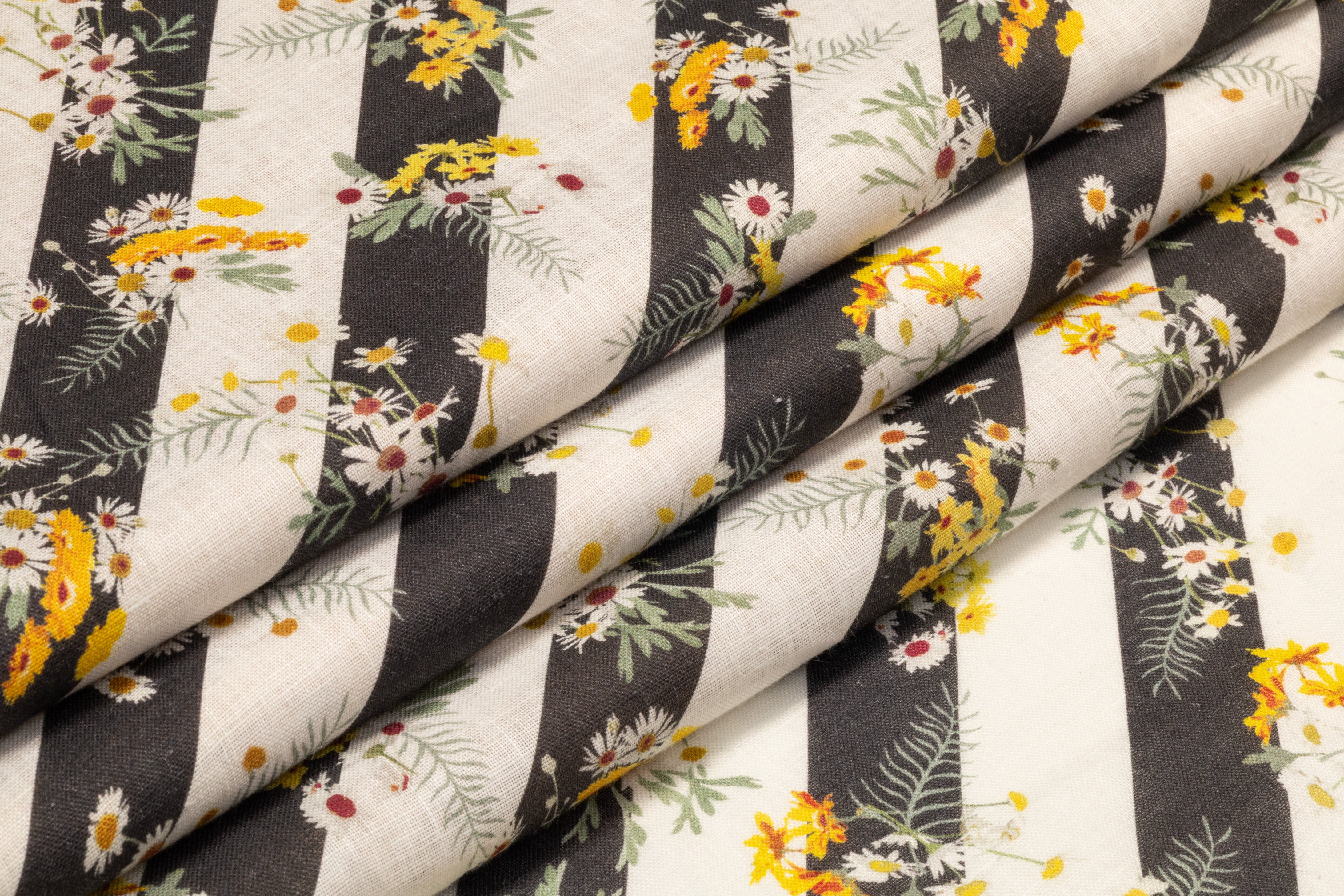 Floral Striped Linen Print - Off White / Charcoal / Yellow