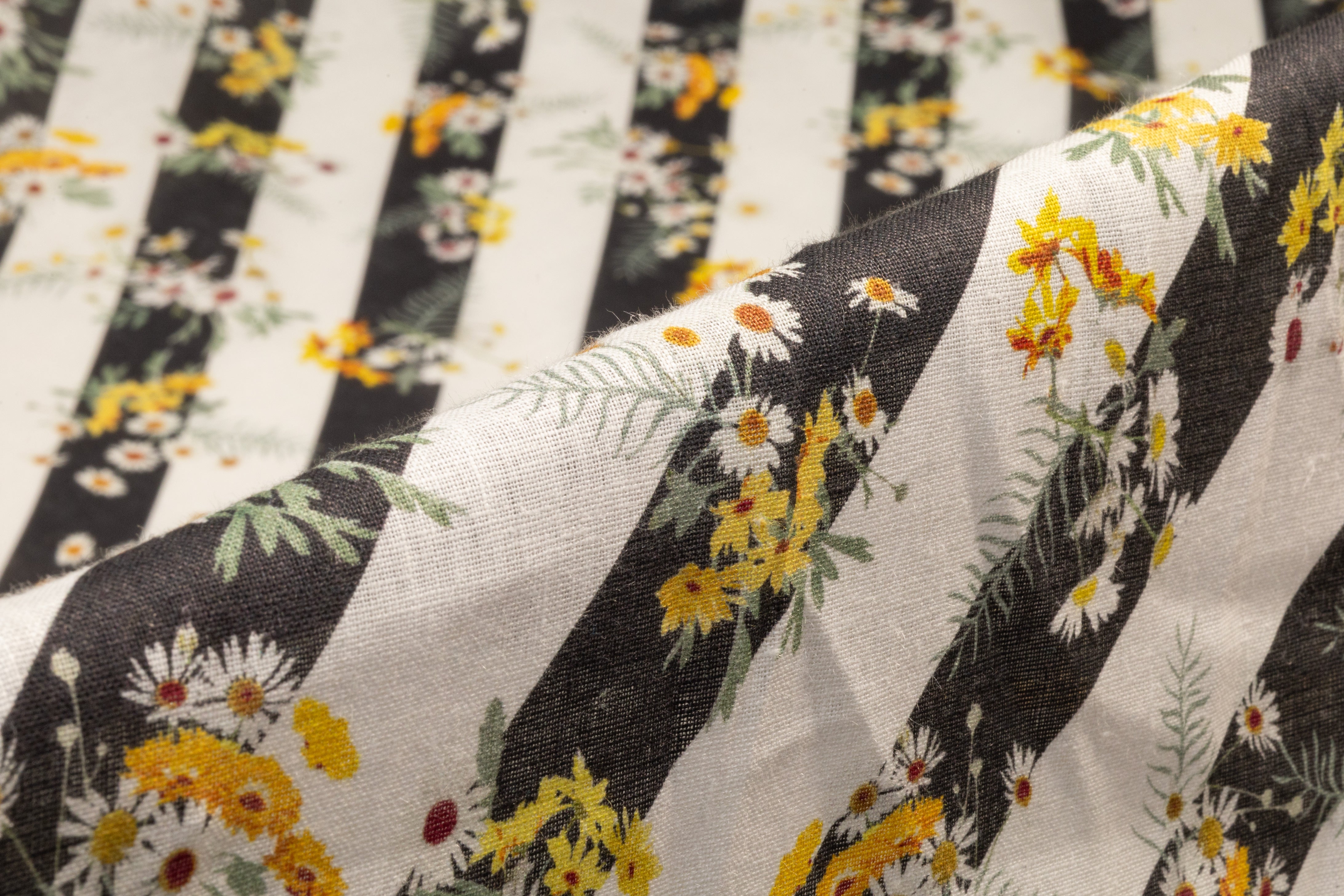 Floral Striped Linen Print - Off White / Charcoal / Yellow