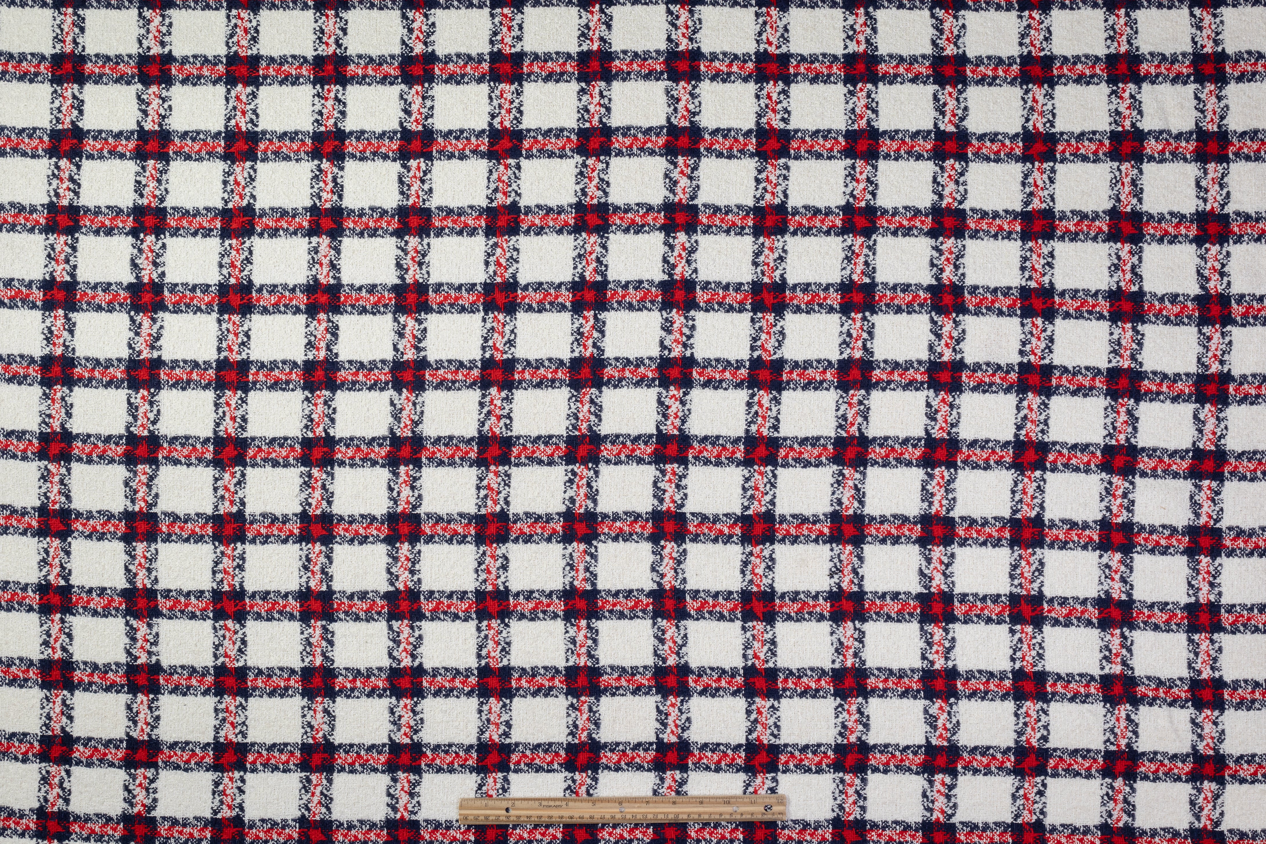 Checked Italian Wool Cotton Blend Tweed Boucle - Red / White / Navy