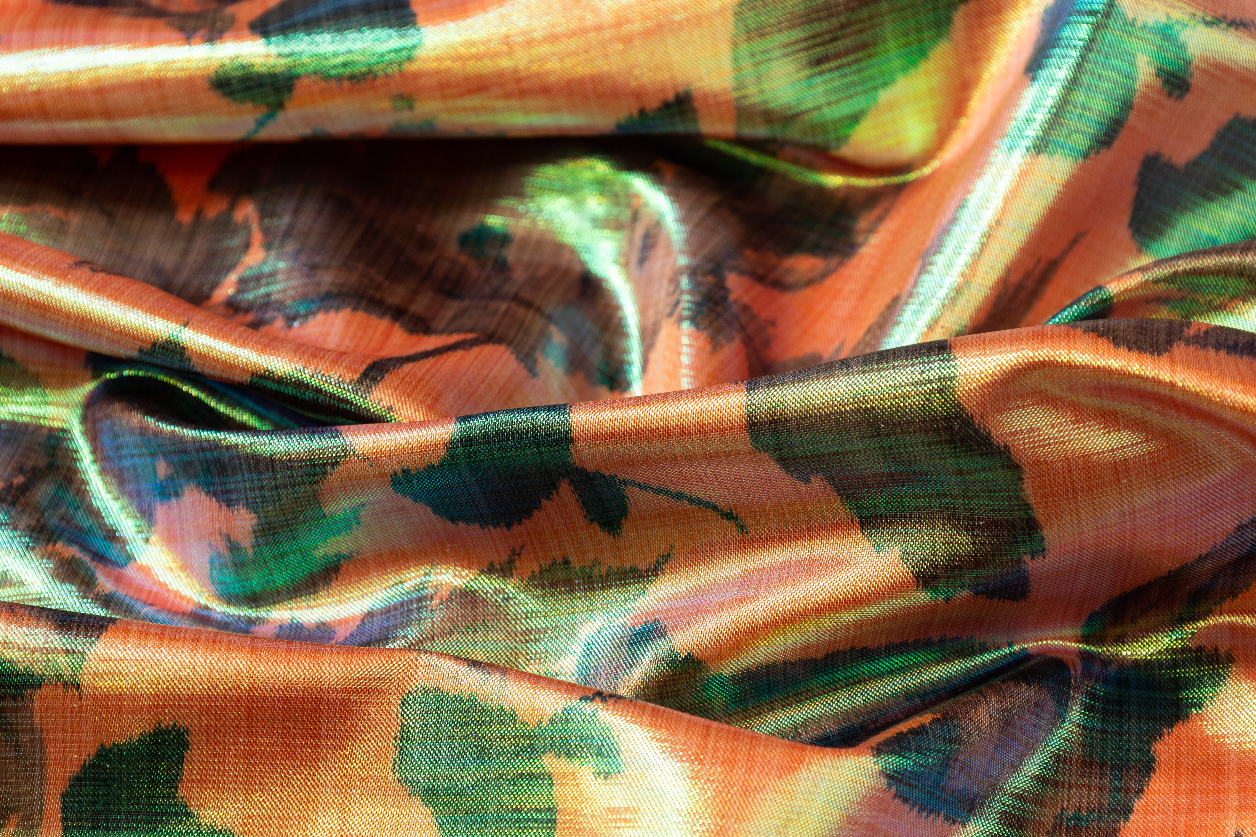 Floral Iridescent Metallic Italian Chiné - Peach / Green