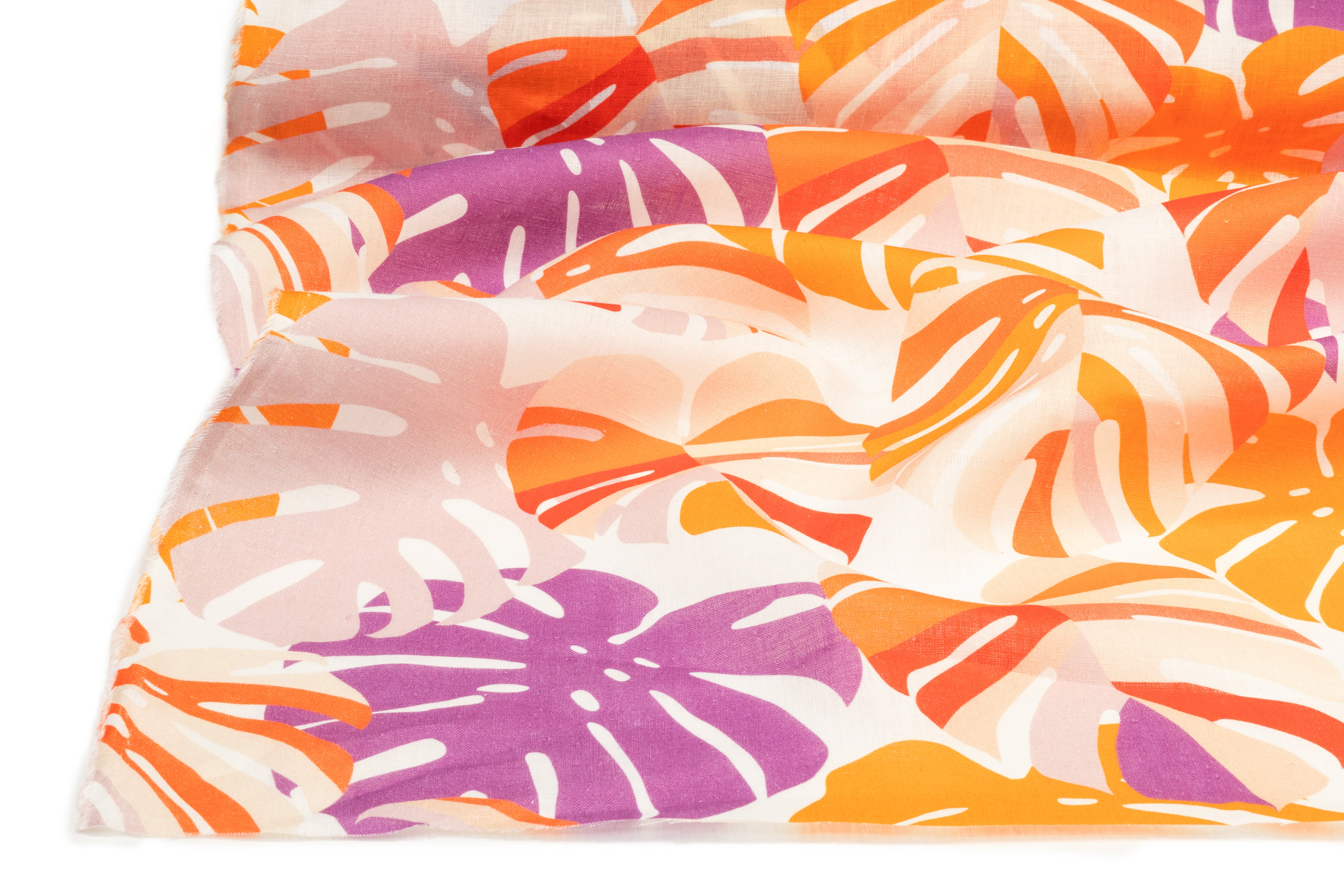 Monstera Printed Linen - Orange / Purple / White