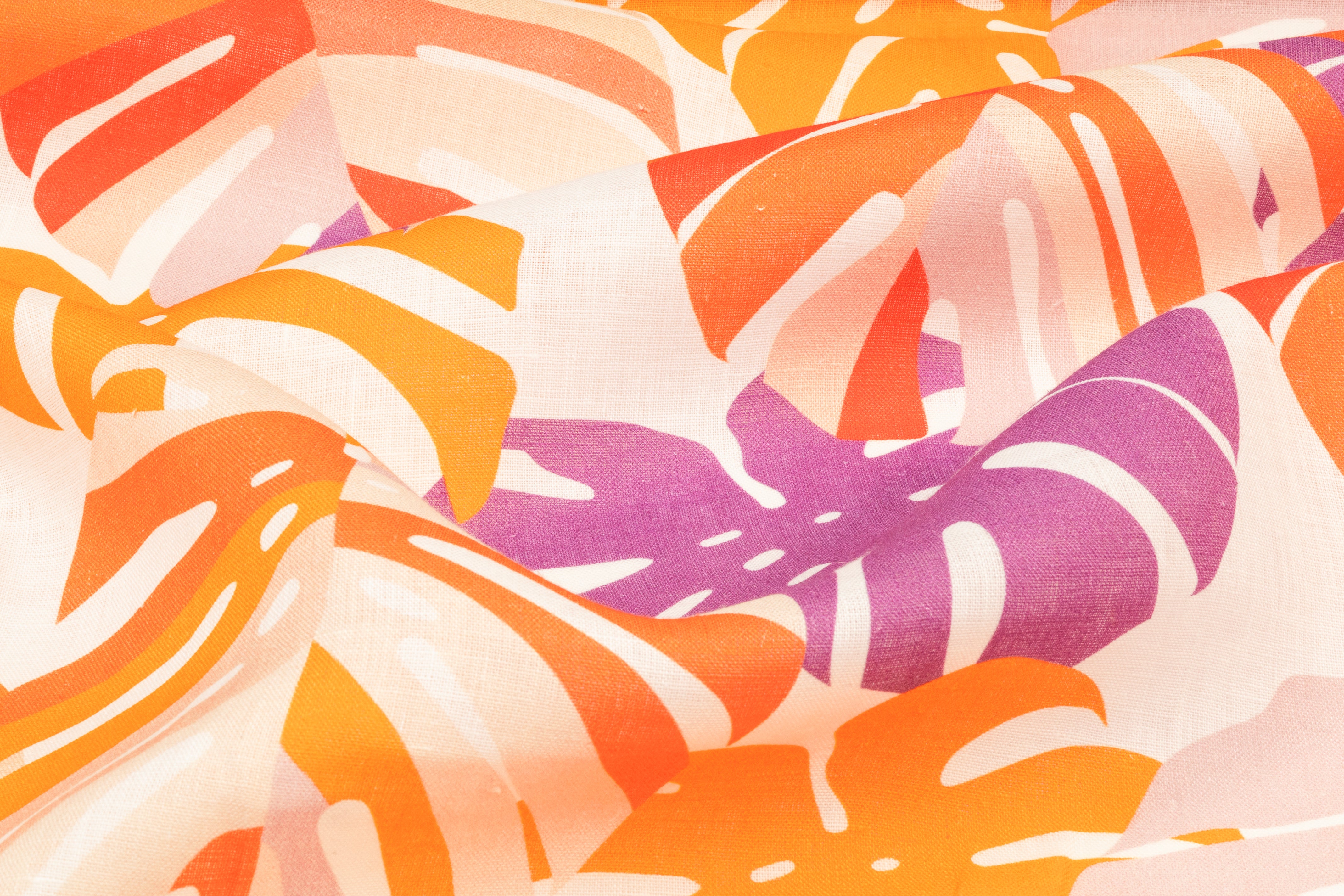 Monstera Printed Linen - Orange / Purple / White