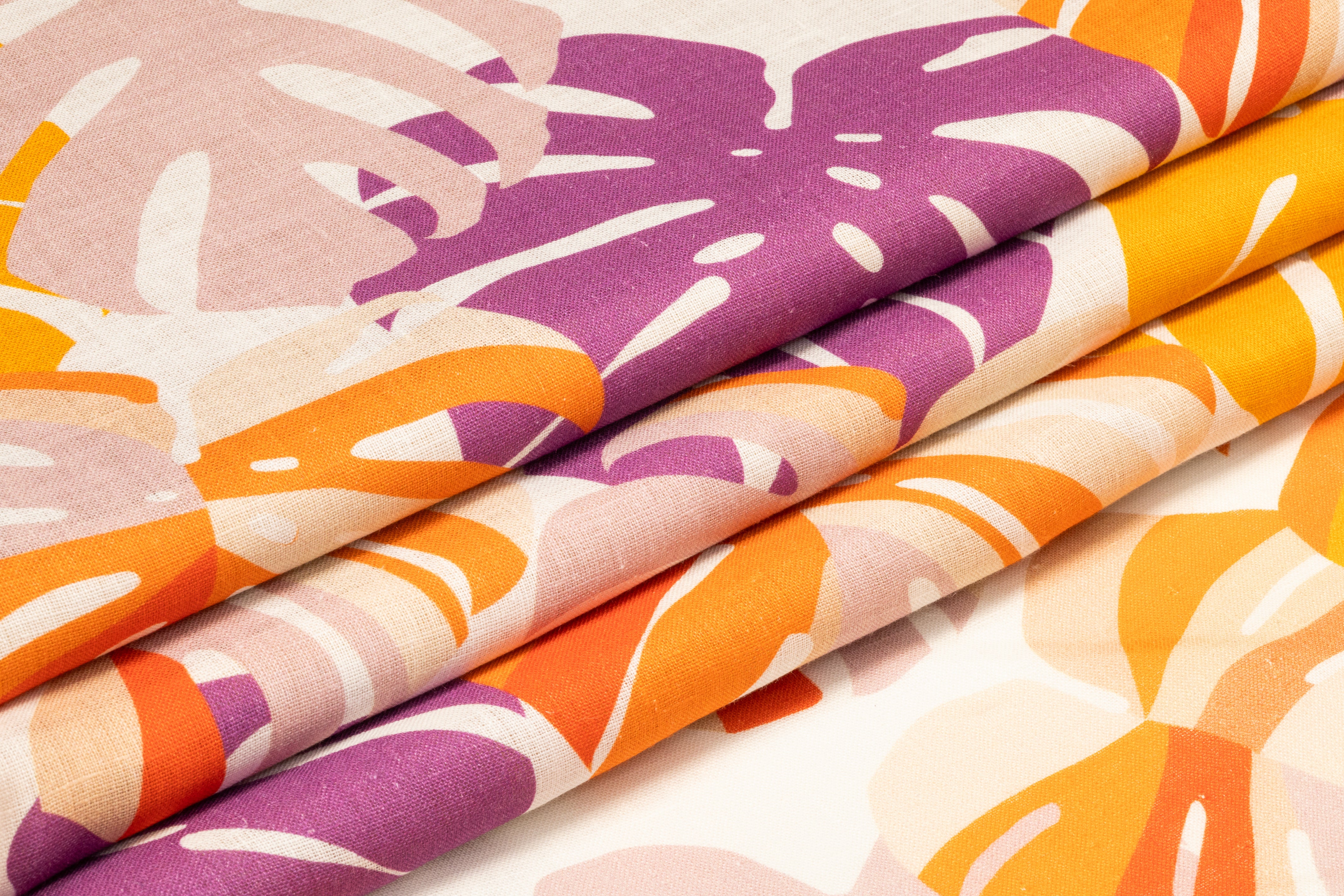 Monstera Printed Linen - Orange / Purple / White