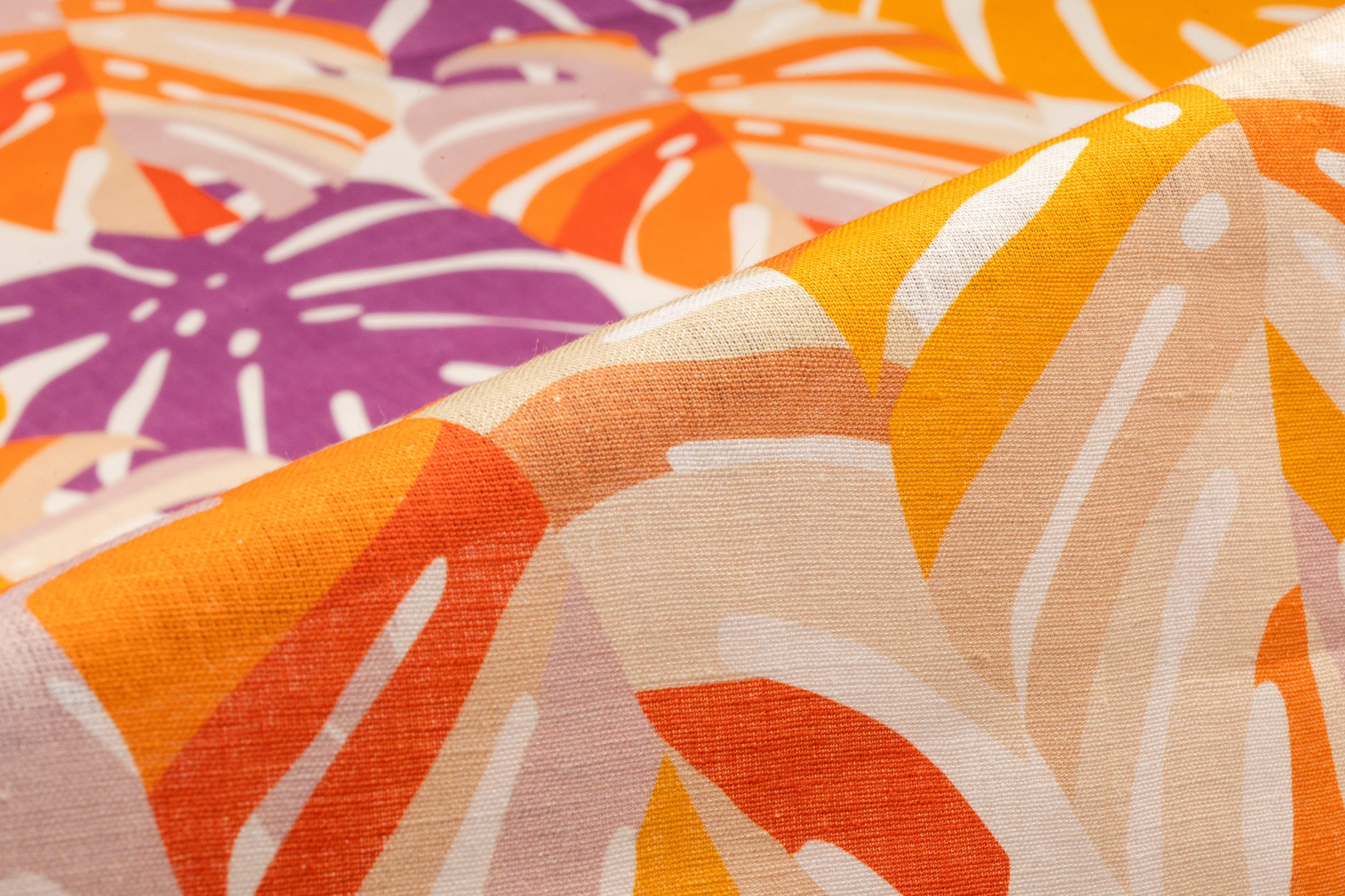 Monstera Printed Linen - Orange / Purple / White