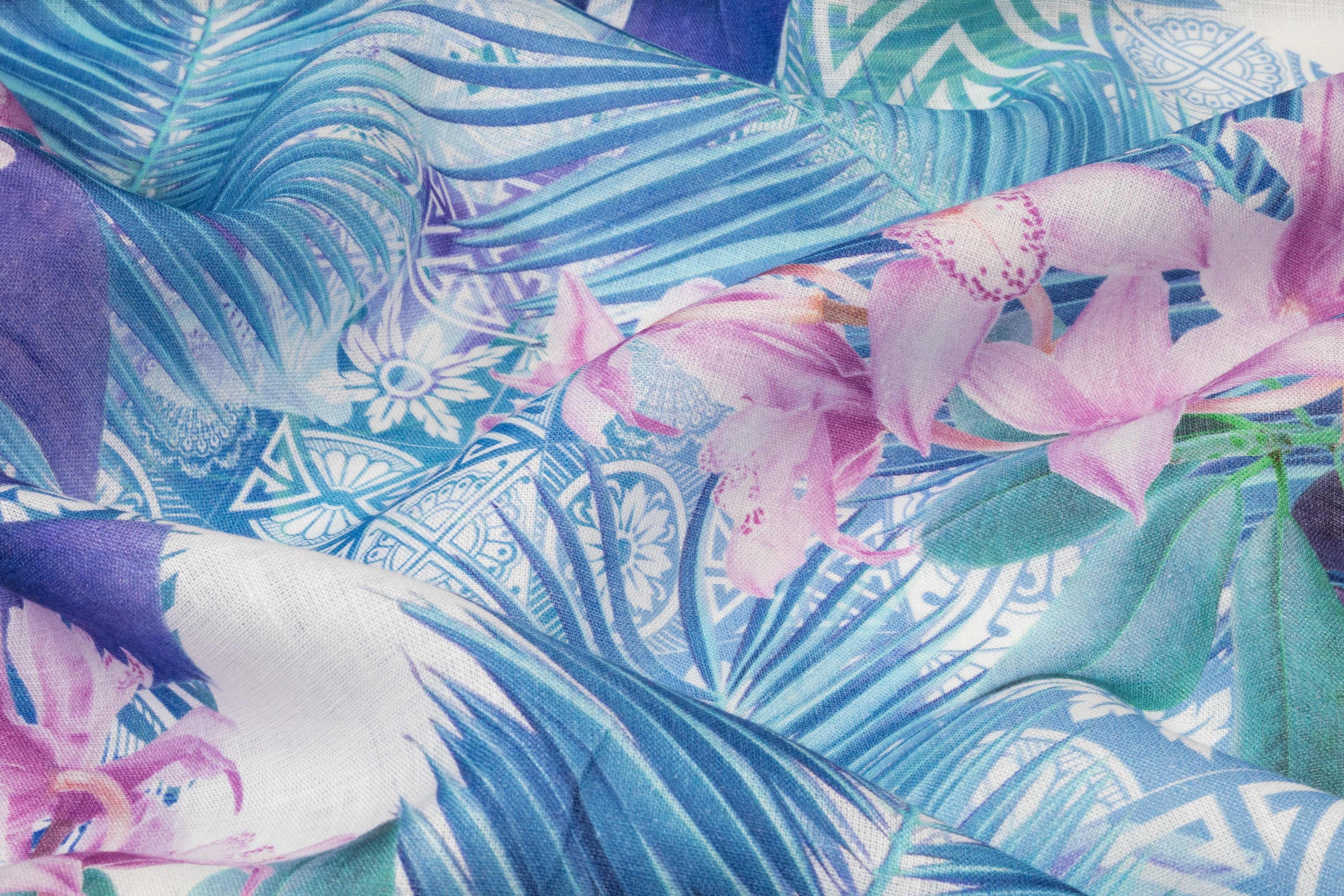 Tropical Linen Print - Blue / Pink / White