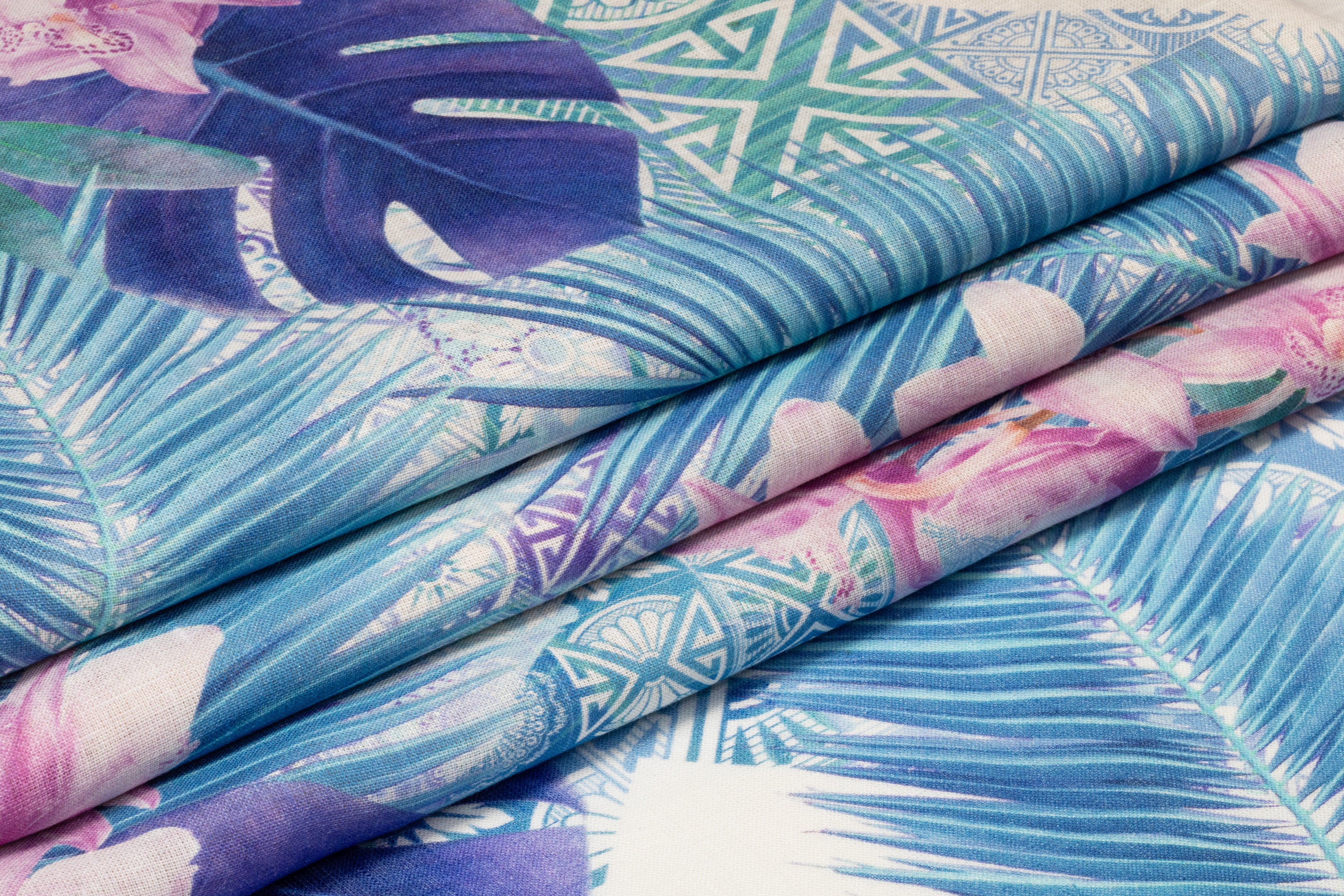 Tropical Linen Print - Blue / Pink / White