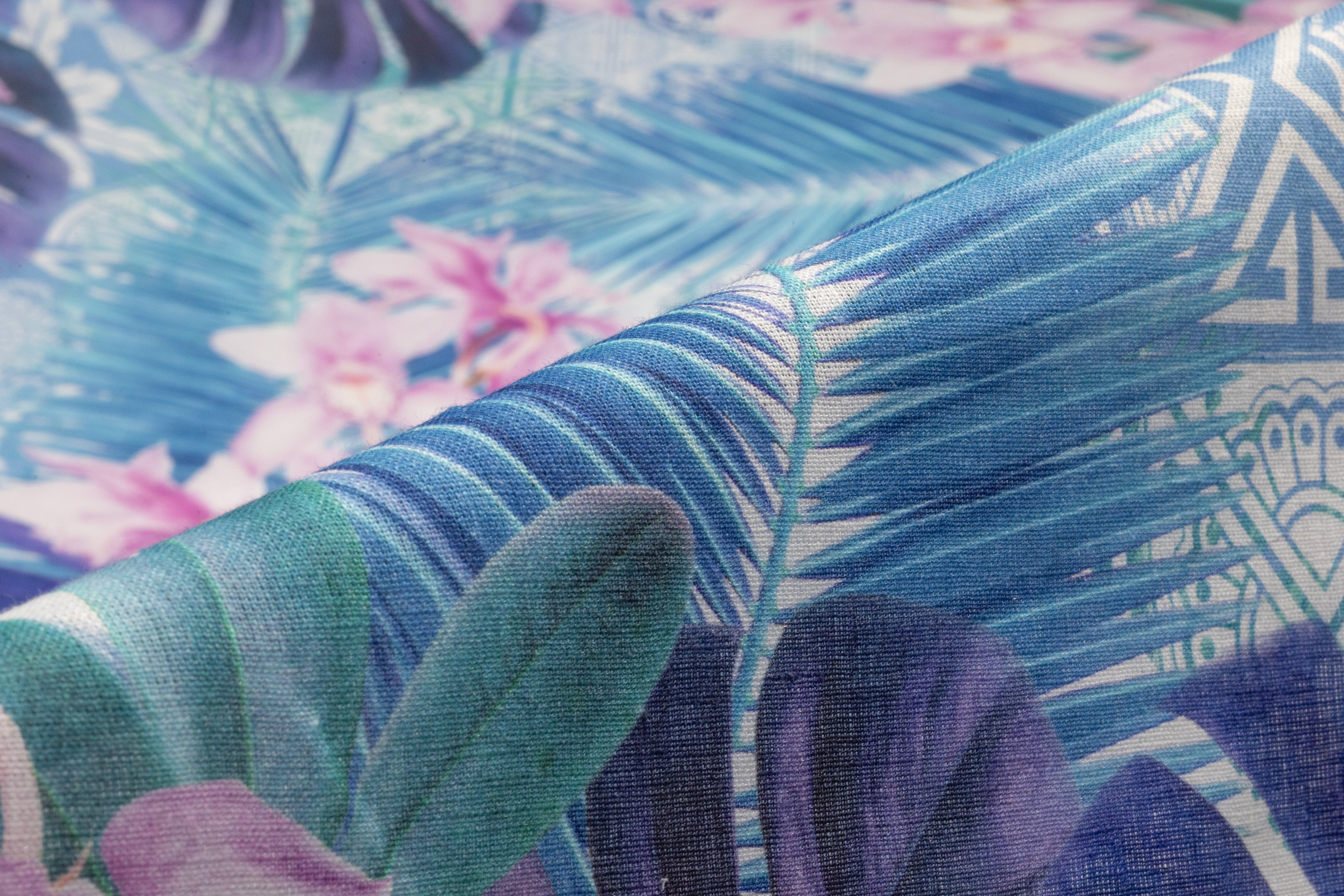 Tropical Linen Print - Blue / Pink / White